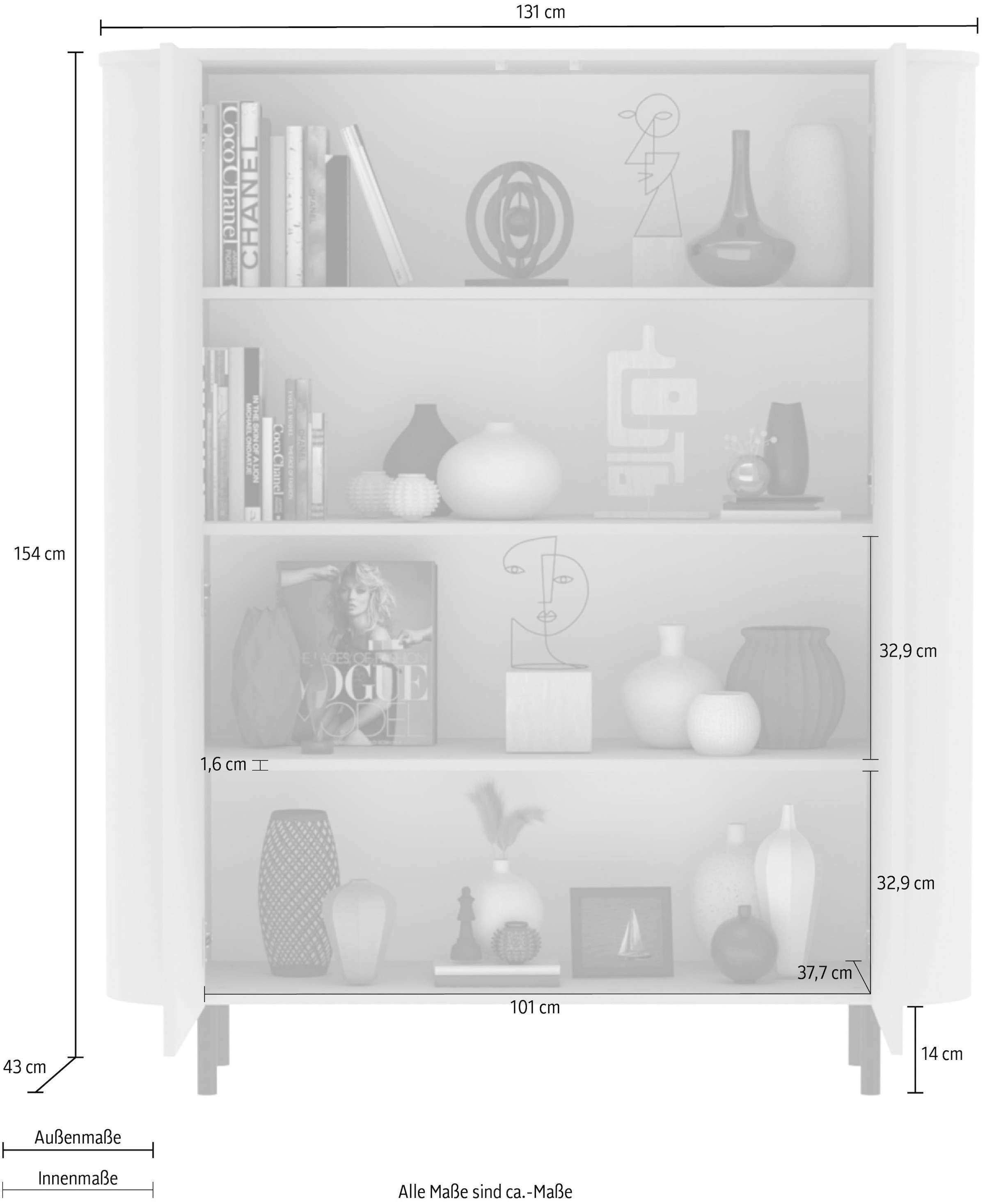 GOODproduct Buffet haut »Lido, B/H 131/154 cm, 2 Türen, Stauraumschrank, Hochkommode« Formgebogenes MDF, Stirnseiten mit Rundung, Push-to-open, Metallfüsse