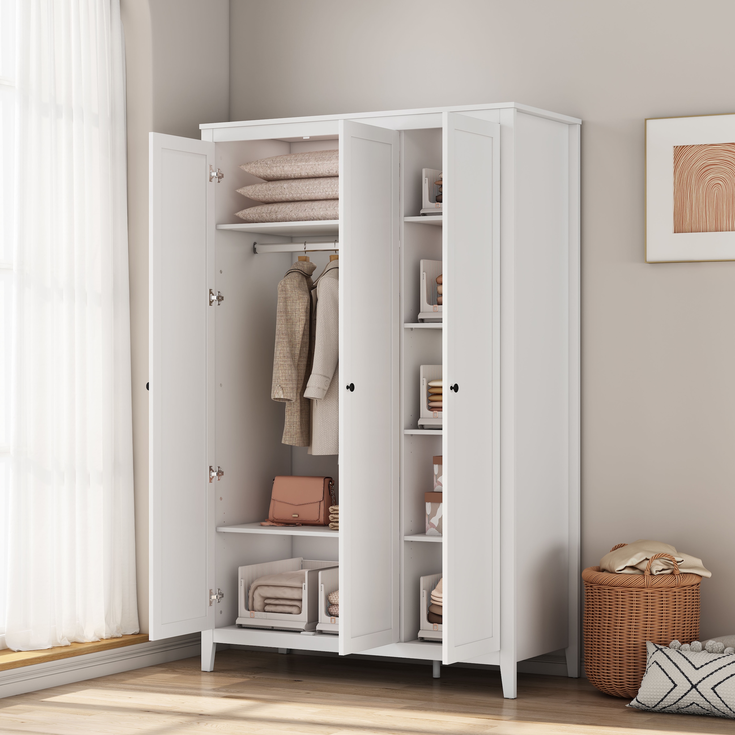GOODproduct Kleiderschrank »Borkum Sideboard Anrichte mit 6 Schubladen Landhaus weiss« hochwertige schwarze Griffe aus Metall,  Schlafzimmerschrank mit 6 Böden und Kleiderstange, 3 Türen