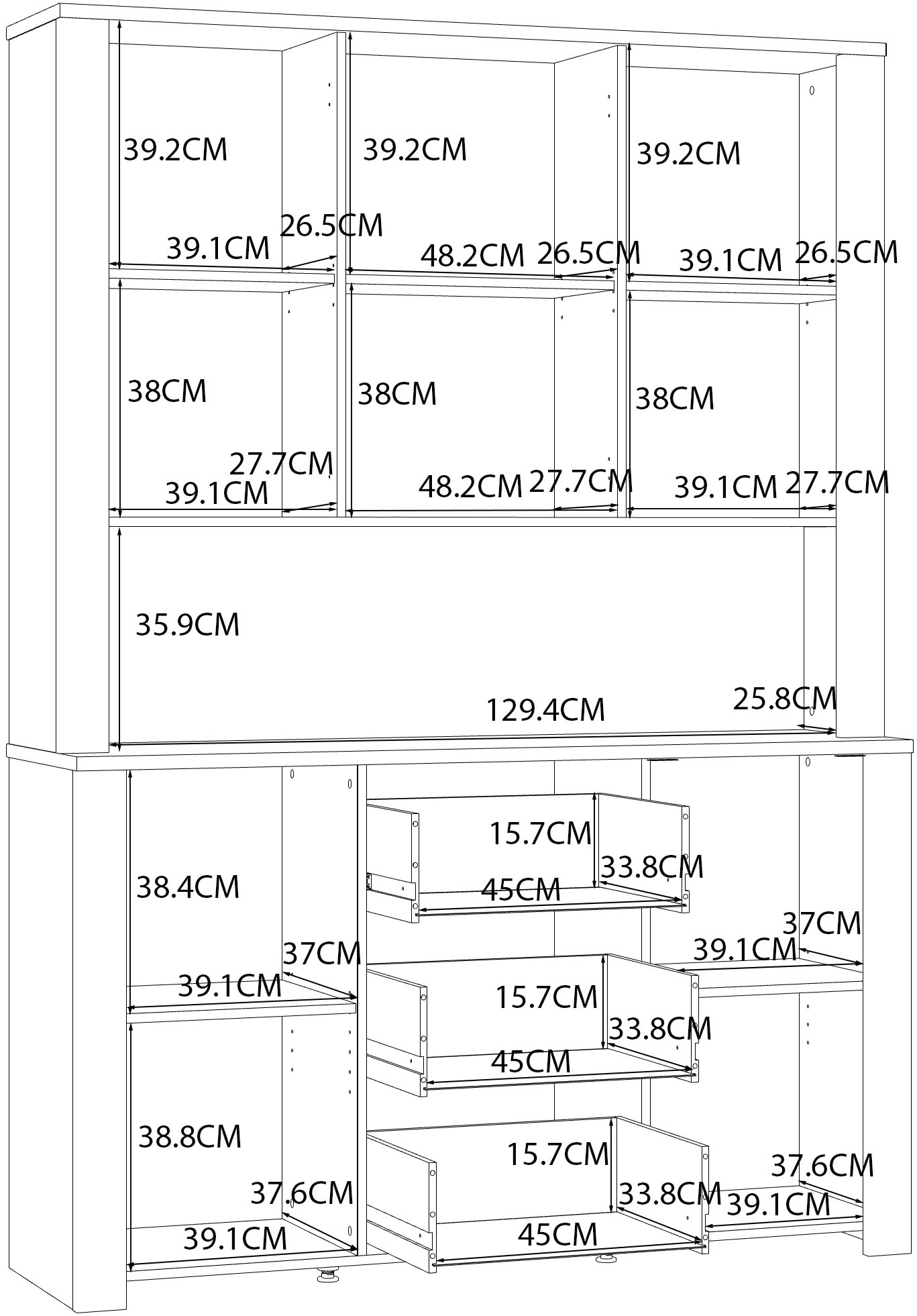 FORTE Buffet »Bohol, grosses Highboard,4Türen, 1 Glastüre, 3 Schubkästen« B/H/T 146,1/205,4/42 cm, sehr viel Stauraum