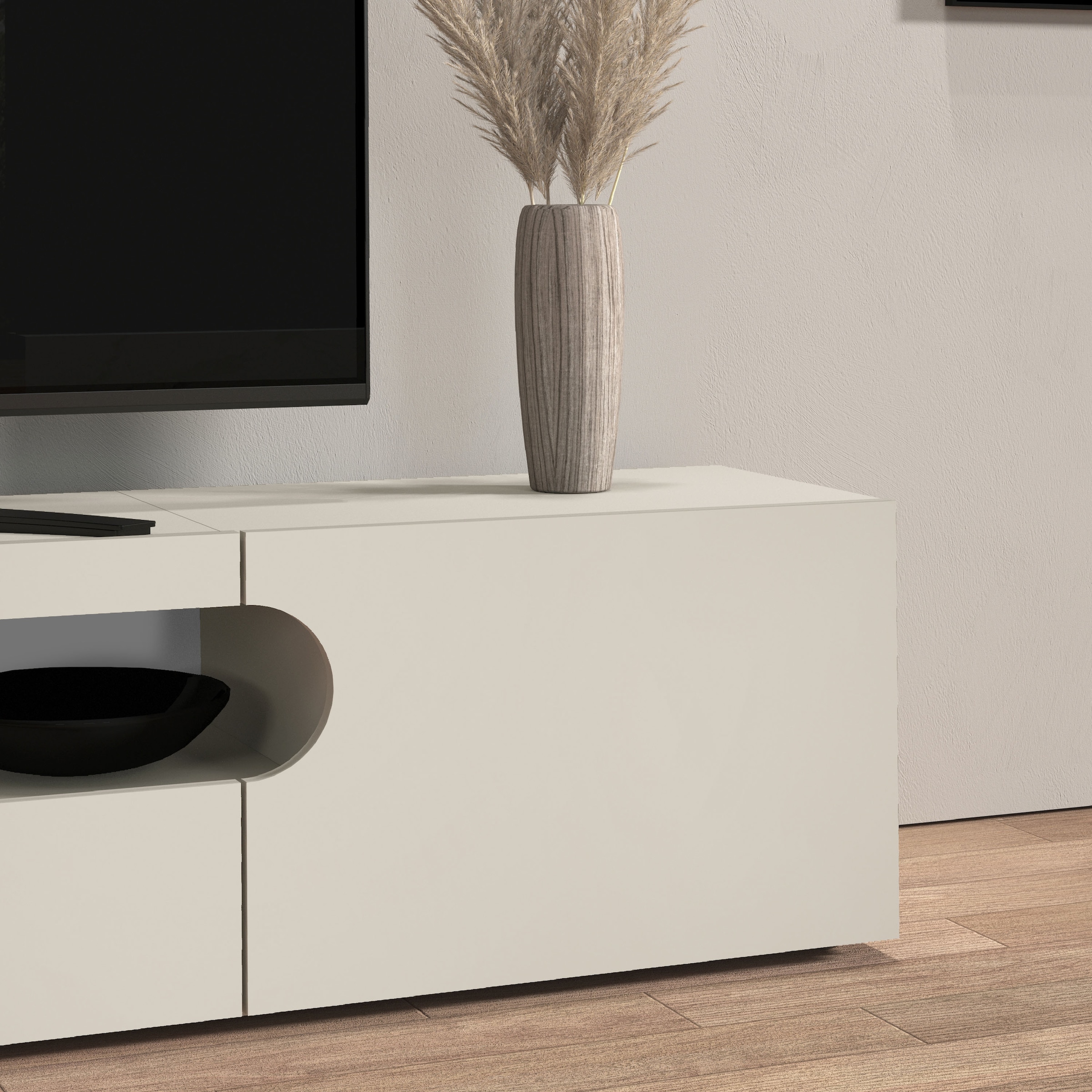 Home affaire Table basse »REAL TV-Möbel, 240 cm breit, 40/60 cm hoch, Hochglanz oder matt« mit 2 abgerundeten Türen, 1 Klappe, die ein ovales offenes Fach bilden