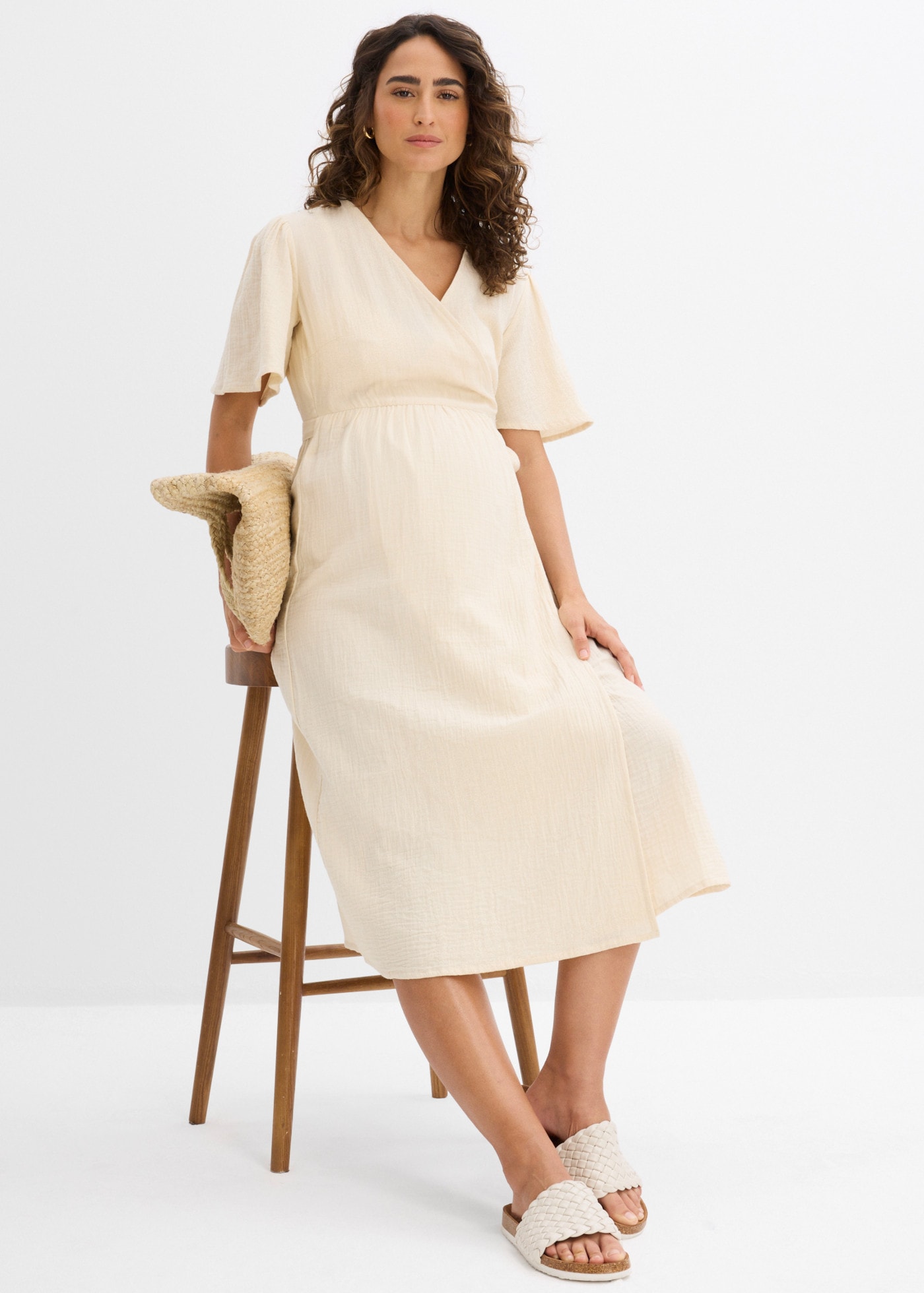 bonprix Robe de maternité en coton, coupe portefeuille avec décolleté en V, coupe trapèze