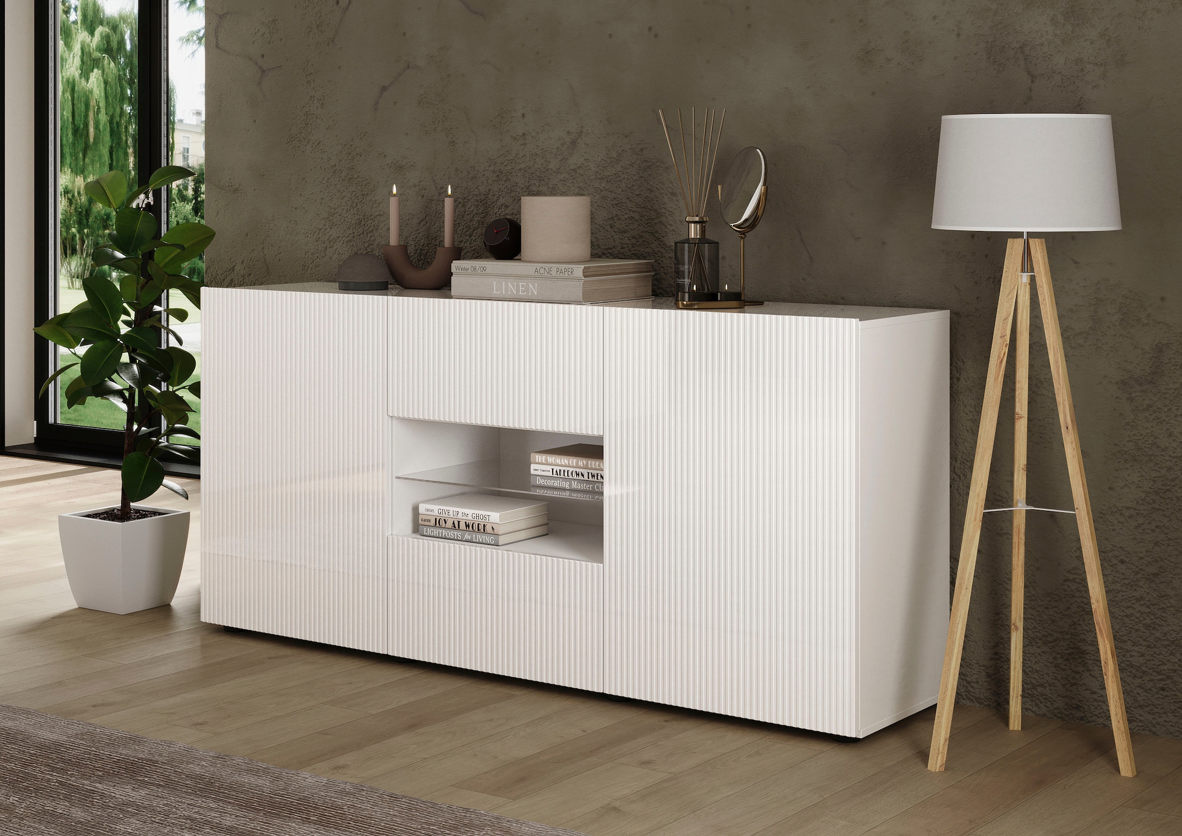Home affaire Sideboard »Rio Breite 181 cm, Kommode mit 2 Türen u. 2 Schubkästen,« geriffelte MDF-Fronten, modern u. elegant, viel Stauraum