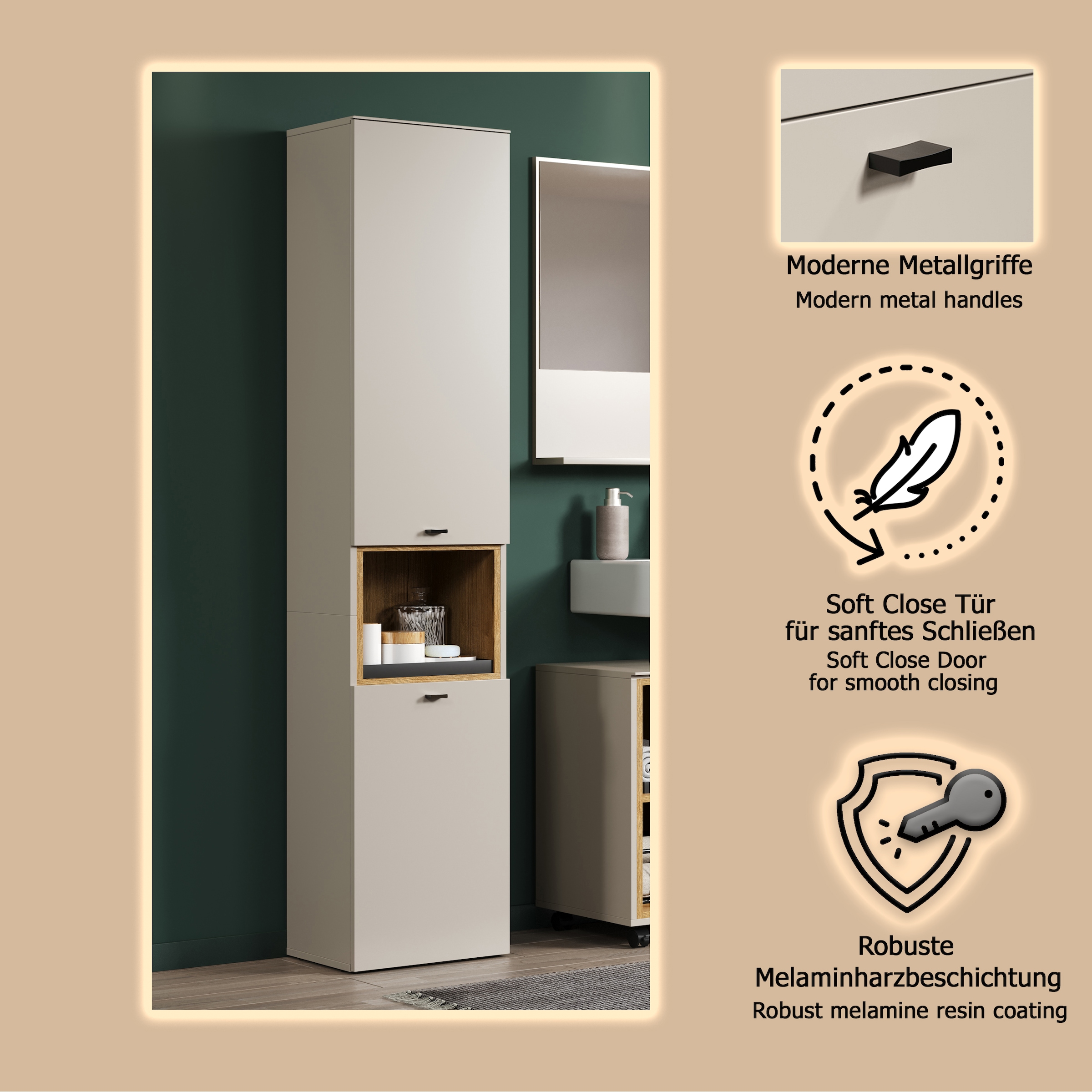 welltime Armoire haute »San Pedro« 1 cuis tlg. Badezimmerschrank mit Soft-Close-Funktion - Masse (B/T/H) 40/31/186 cm