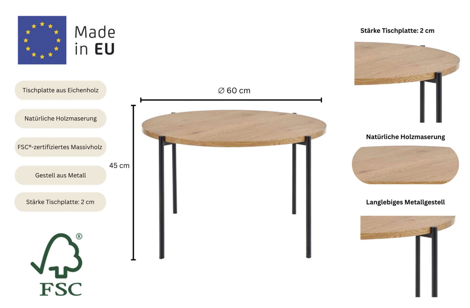 andas Couchtisch »Vantaa« B/T/H: 60/60/45 cm,  Esstisch, Tischplatte aus Eichenholz, D Ø 60 cm, Metallgestell