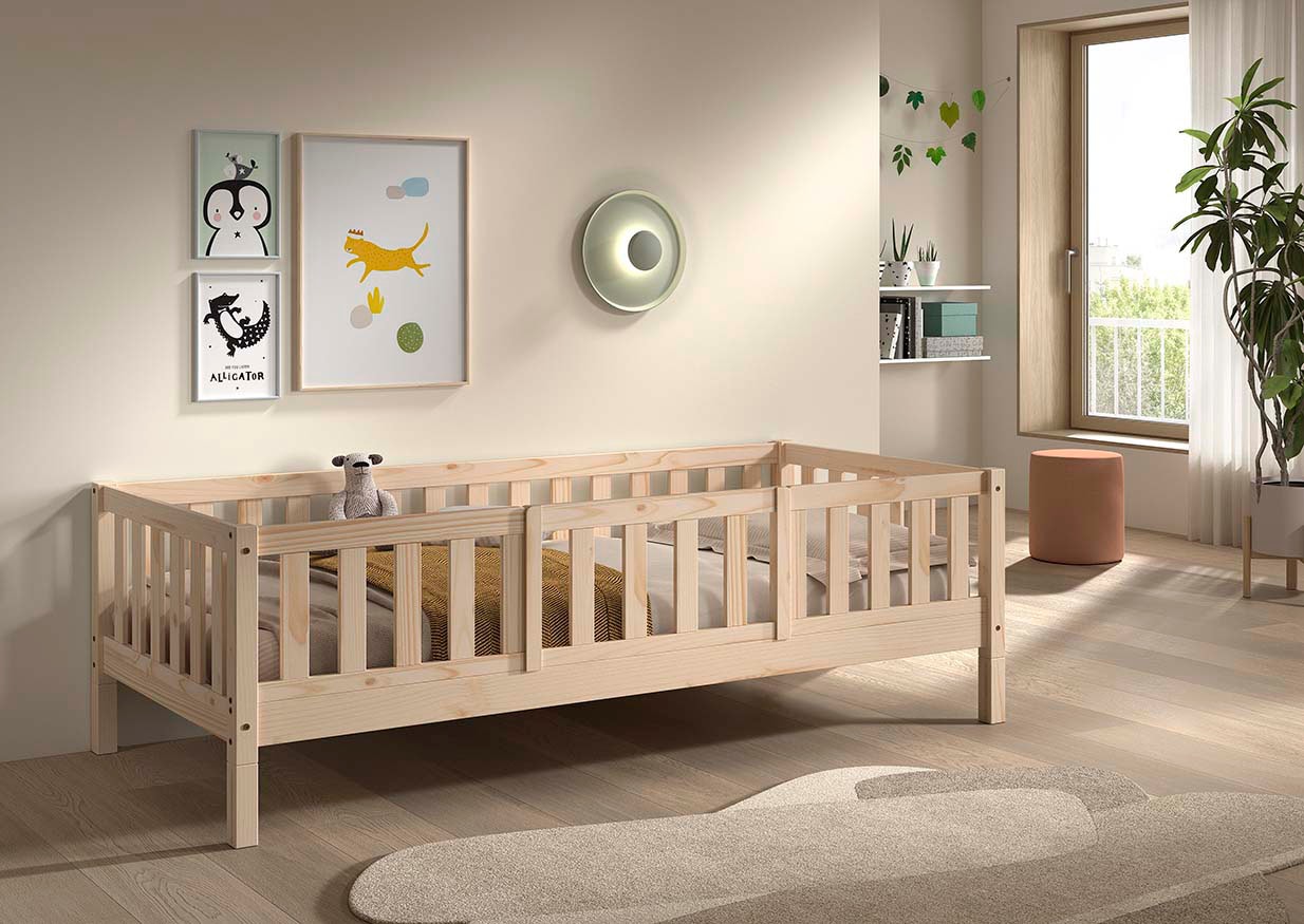 Vipack Lit d'enfant »Dallas, massiv Bett, Rausfallschutz, umbaubar vom Boden- zum Daybett« Incl. sommier à lattes roulantes et cadre à barreaux, largeur 90 ou 140x200 cm,  construction stable et solide, en pin massif naturel ou blanc au choix