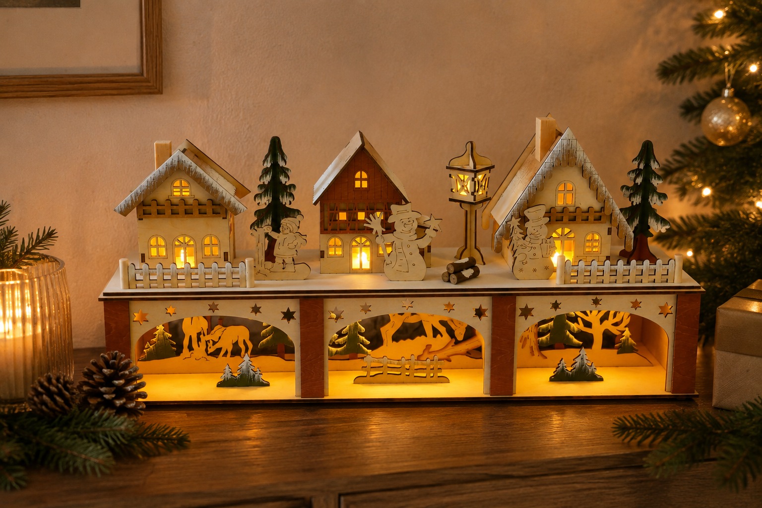GOODproduct LED Dekoobjekt »Weihnachtsdekoration aus Holz« 1 Stk. Warmweiss mehrdimensionale Szenerie, Gratis-Hänger, 6h-Timer, Höhe 22 cm