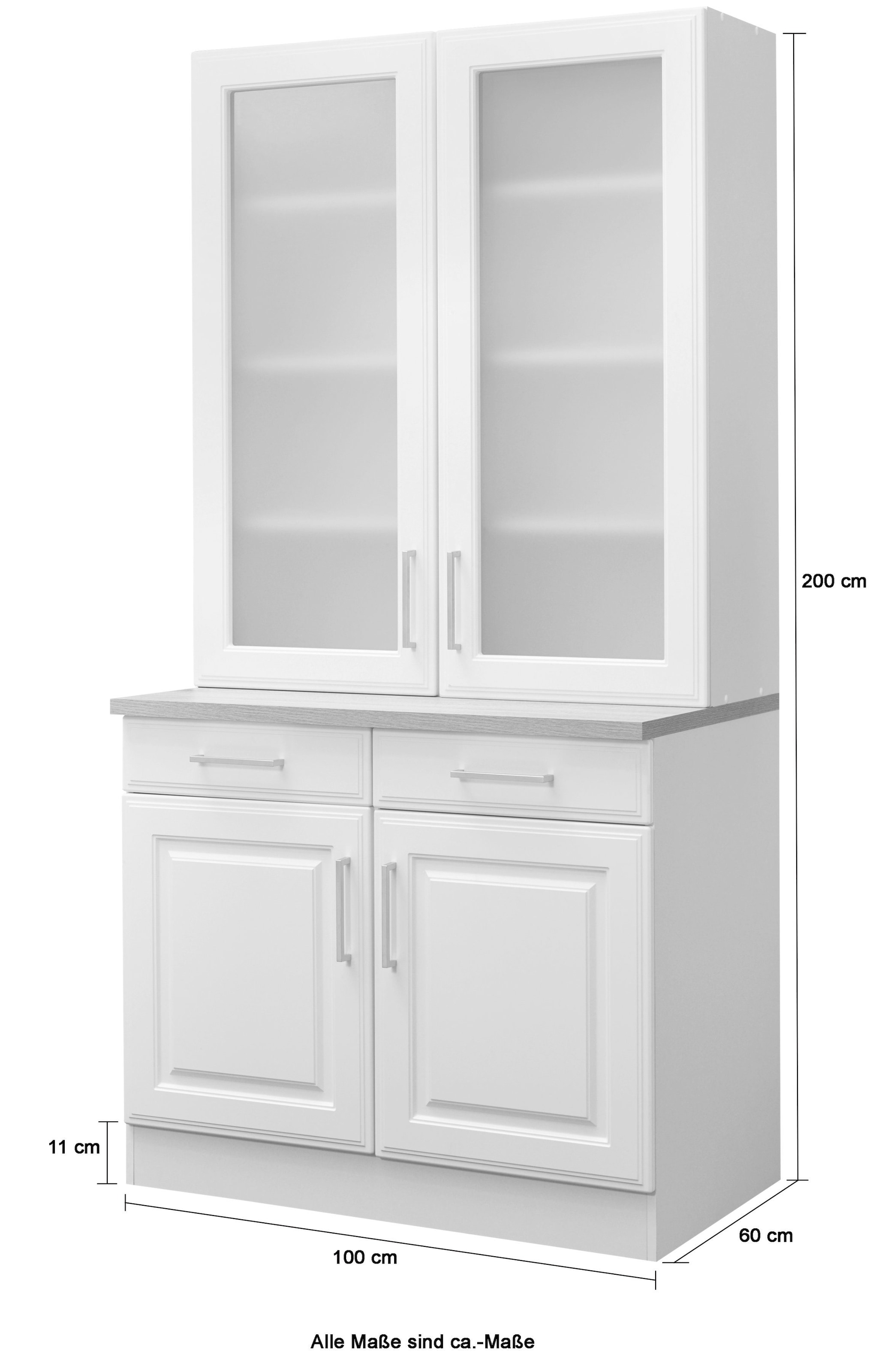 KOCHSTATION Buffet de cuisine »KS-Stockholm« Façades MDF de qualité, 2 portes à cadre en verre, 200 cm de haut, beaucoup de rangement