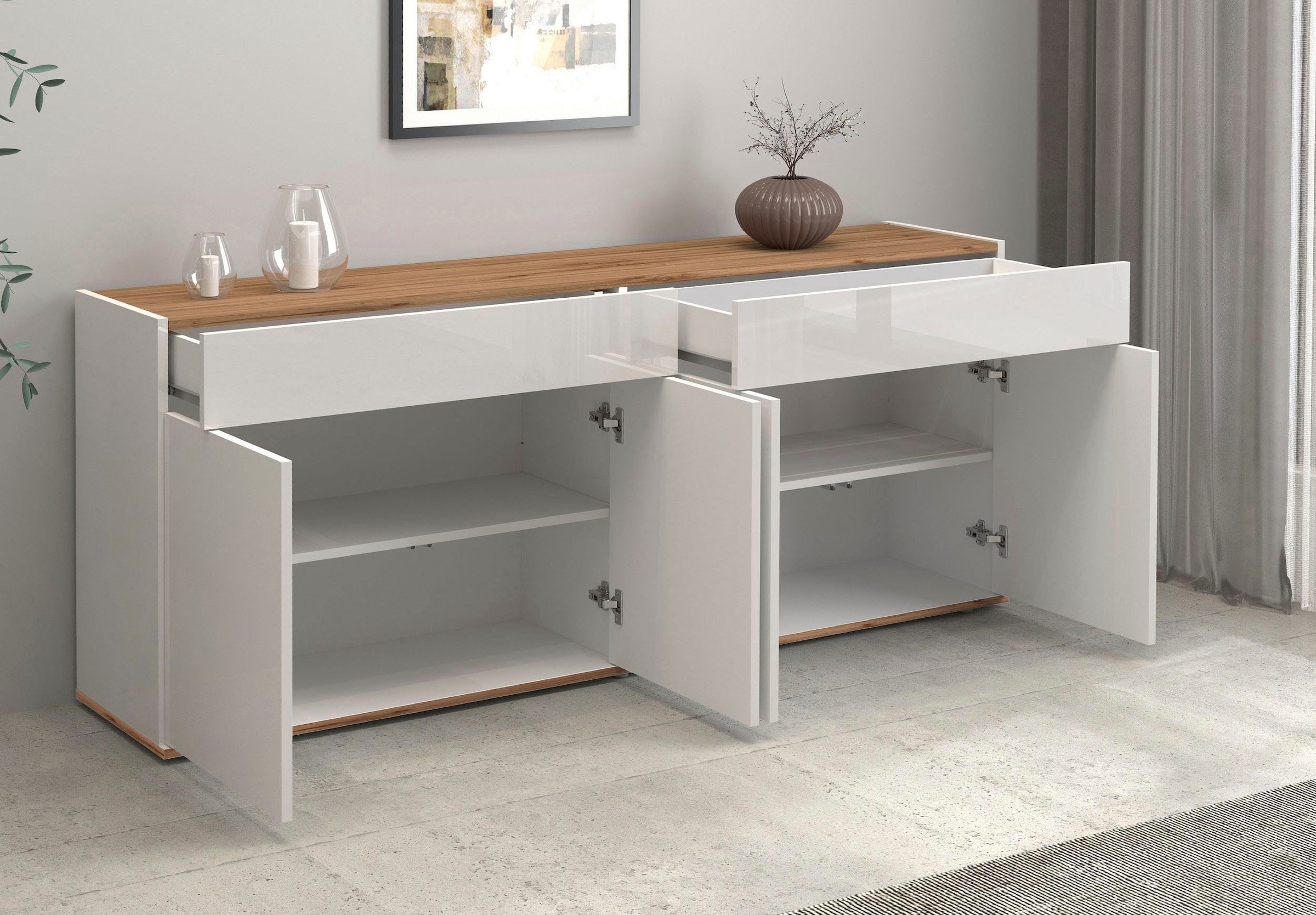 GOODproduct Sideboard »Garda Kommode, Schrank, 4 Türen mit Push-to-Open, Made in Italy« Hochglanzlackierte Fronten,2 Schubladen, grifflos Breite 160,1 cm