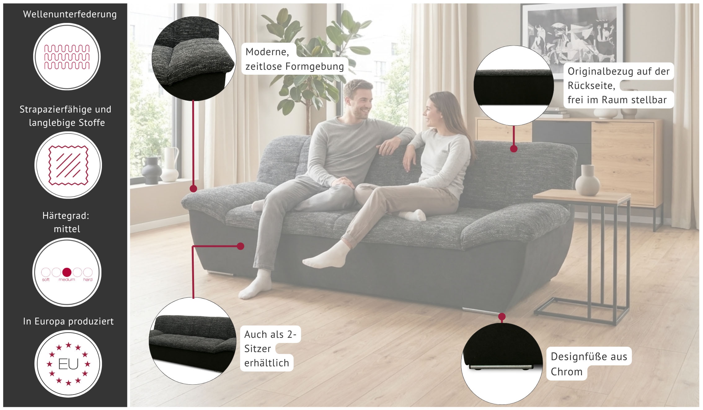 GOODproduct 3-places »Saltrum 232 cm breit, formschön, komfortabel« avec surpiqûres décoratives dans le dossier et l'assise, revêtement facile d'entretien