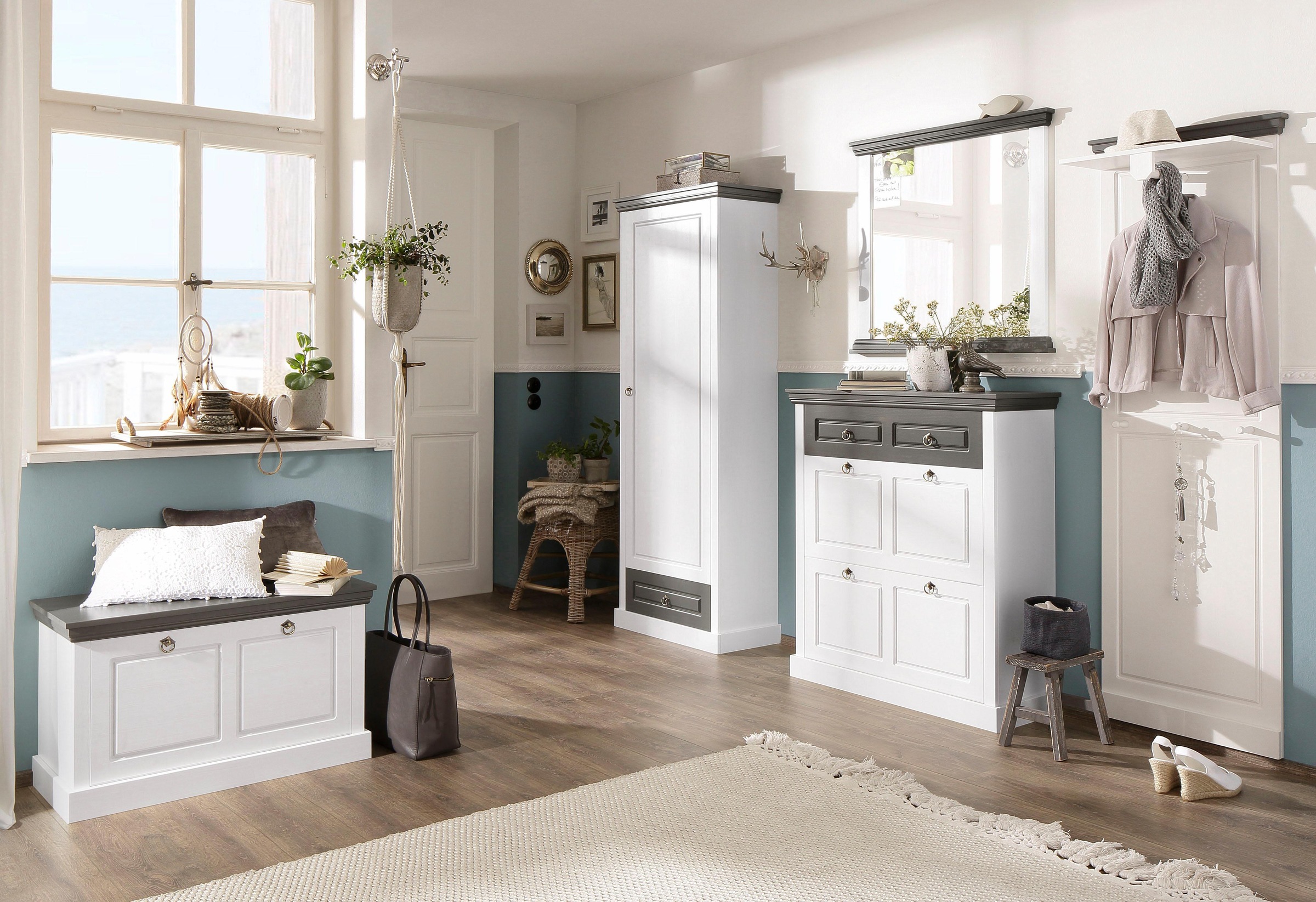 GOODproduct Armoire à chaussures »Basilico« aus massiver Kiefer, FSC®, Breite 90 cm, mit Schublade, Kassettenoptik