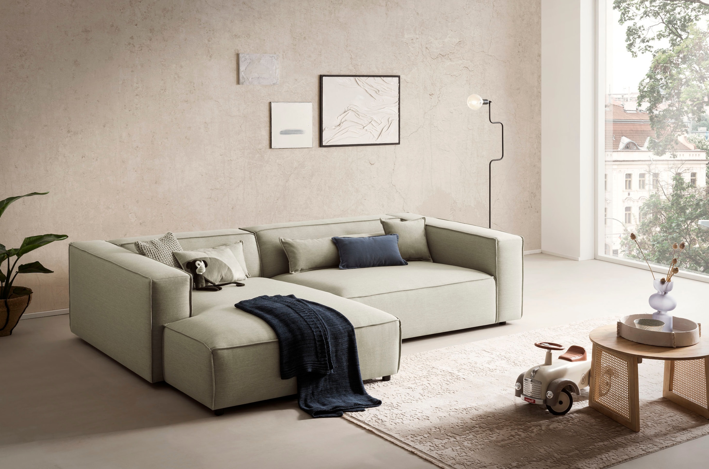 LeGer Home by Lena Gercke Canapé d'angle »PIARA XXL, Big-Sofa, Cord, Leinenoptik o. Strukturstoff, L-Form« ottomane au choix droite/gauche, couture Keder, assise extra profonde