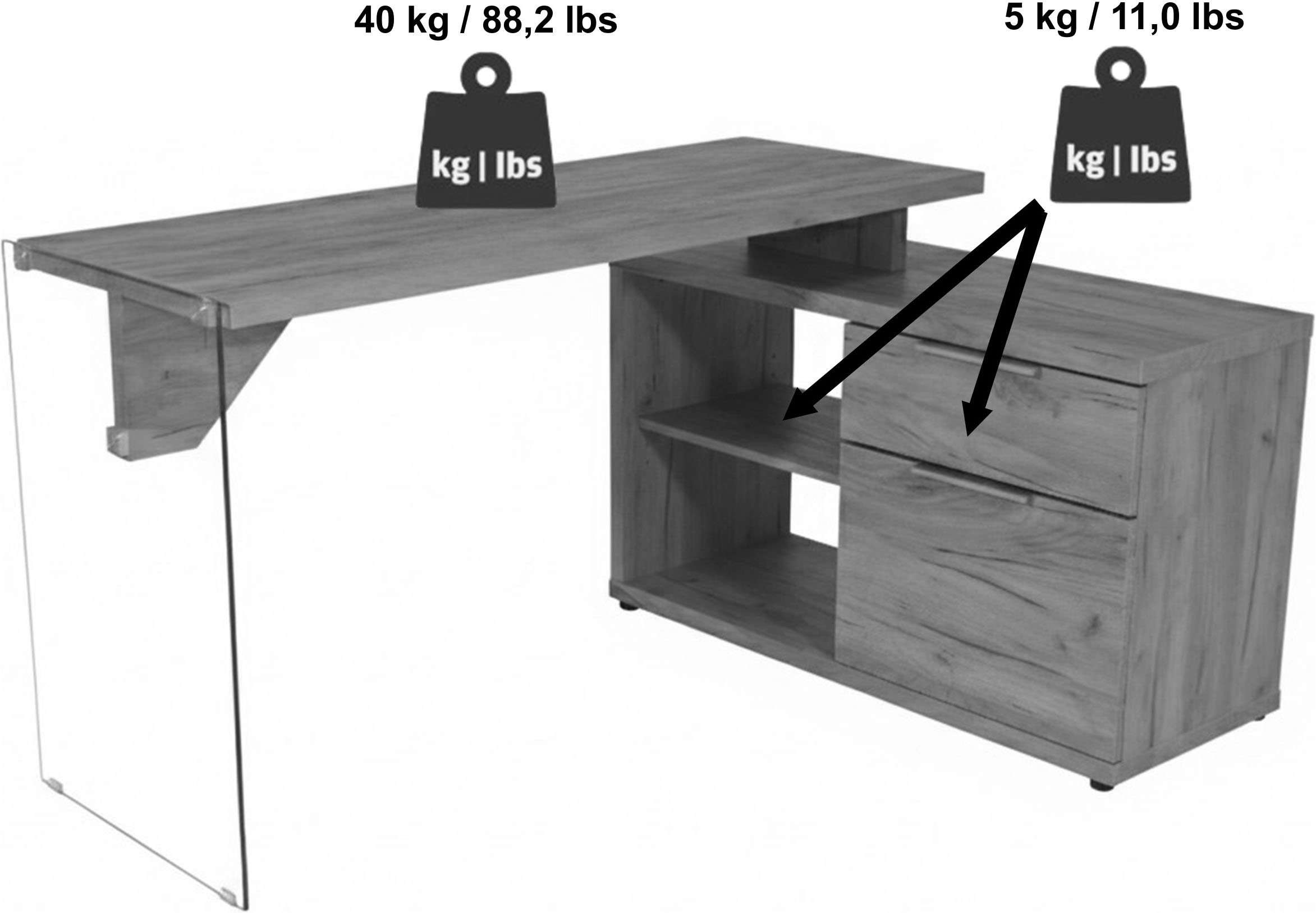 Jahnke Bureau d'angle »LUX C 135 E« bureau d'angle, montage réversible, verre, 1 tiroir et 2 compartiments
