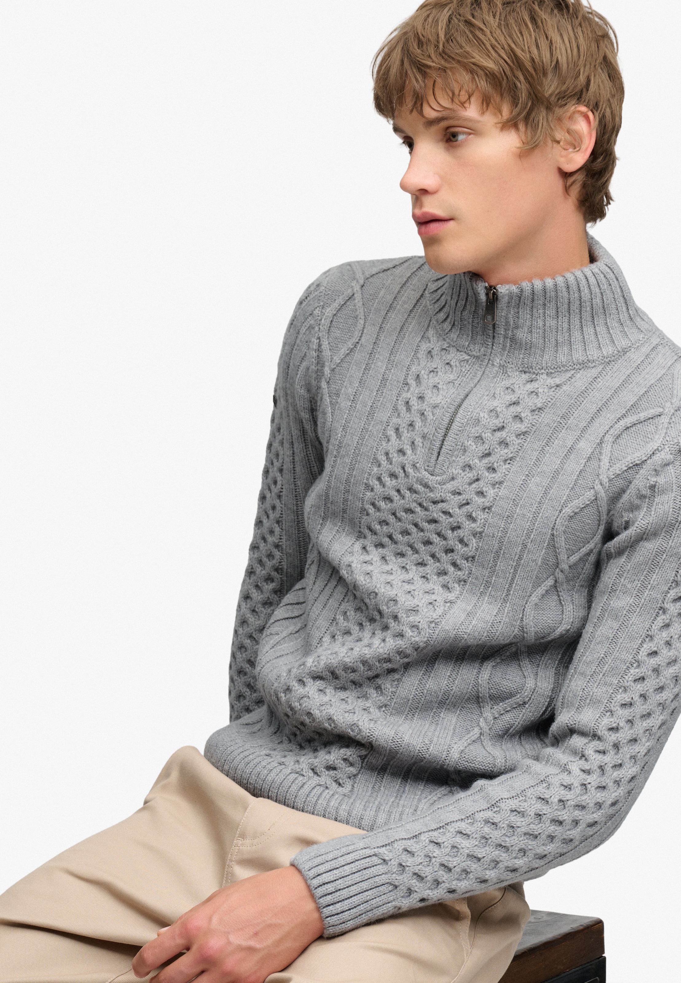 Superdry Pull en tricot »JACOB CABLE HALF ZIP KNIT« Mélange de matières, coupe slim