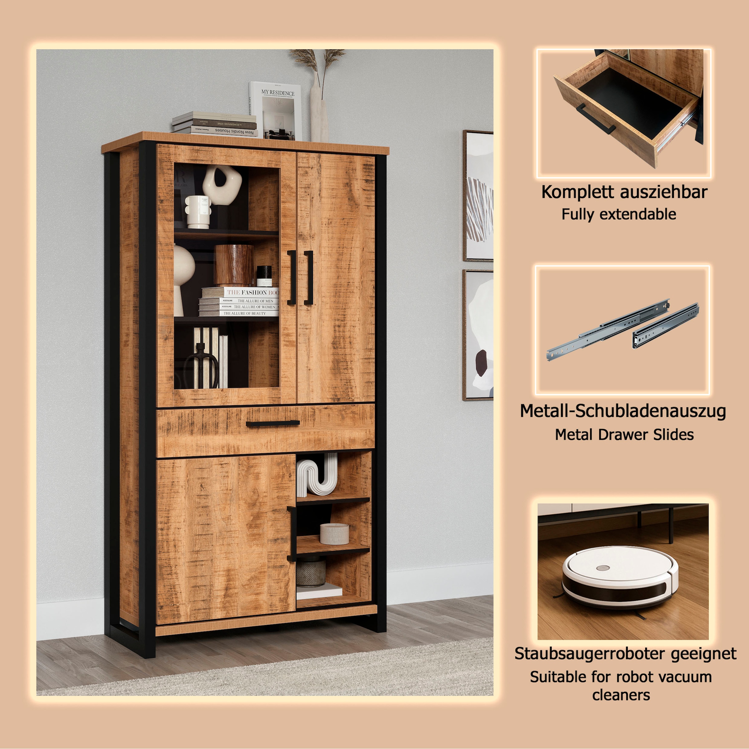 Home affaire Vitrines »Elda« 1 cuis tlg. Vitrine mit 3 Türen & 1 Vollauszug Schublade - (B/T/H) 106/45/195 cm