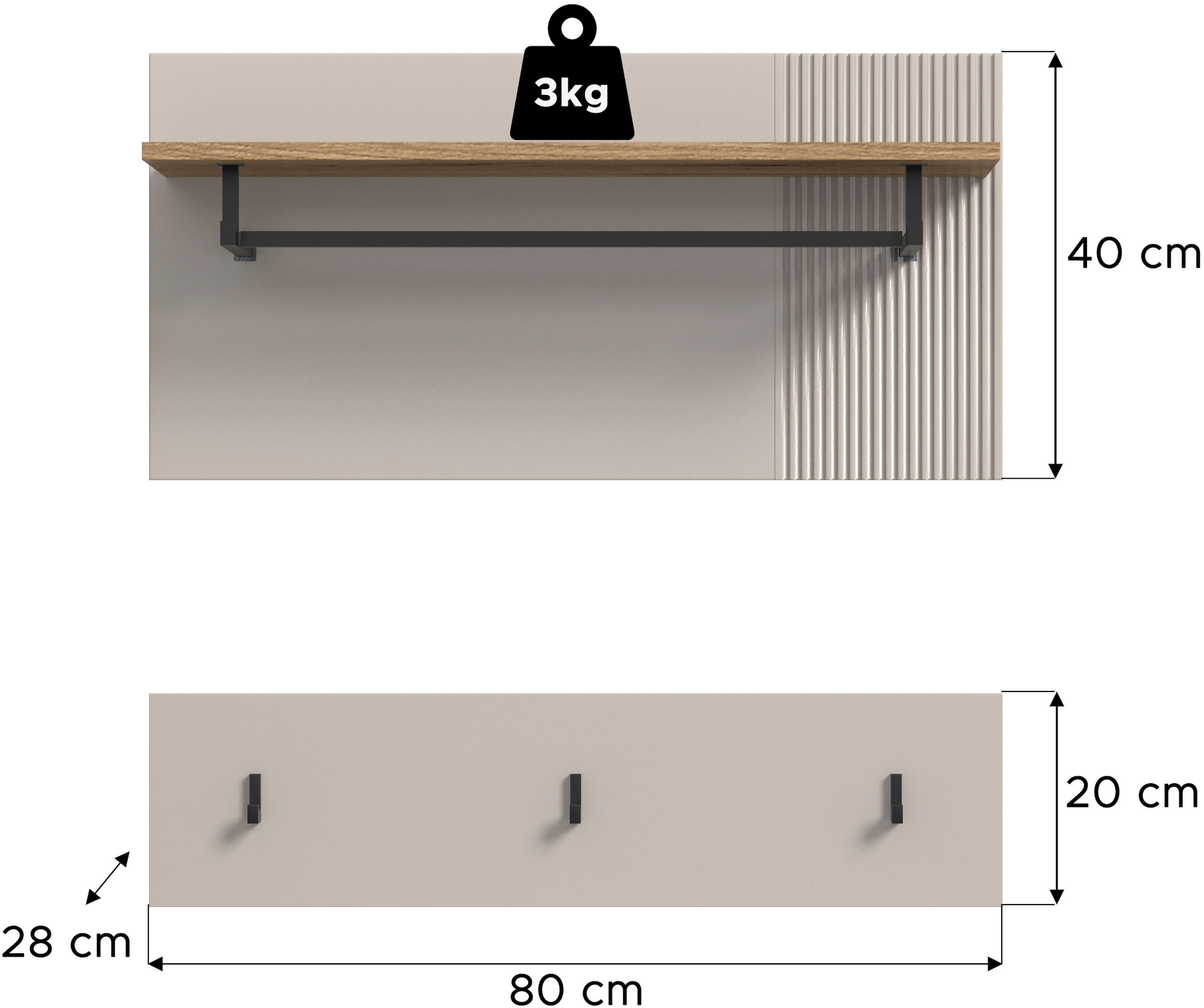 Home affaire Panneau de vestiaire »EDIL, Breite 80cm, 2-teilig, Hakenleiste & Paneel« moderne Farbkombination, Haken aus Metall,  Paneel, Garderobe, Wandboard, Ablage, Wandpaneel