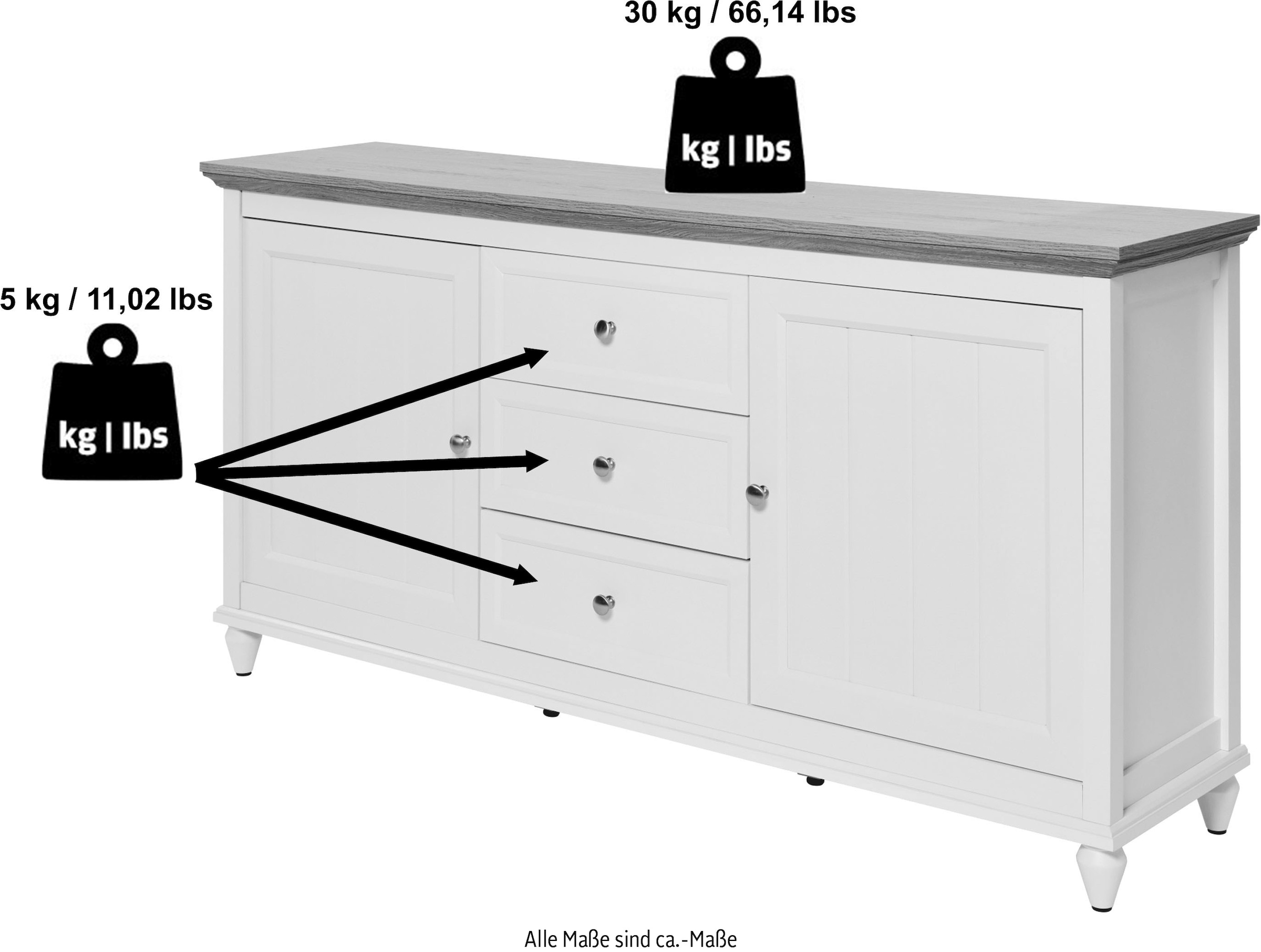 Jahnke Buffet »COTTAGE SB 150« 1 cuis tlg. Buffet, style campagne, 2 portes et 3 tiroirs, largeur env. 150 cm