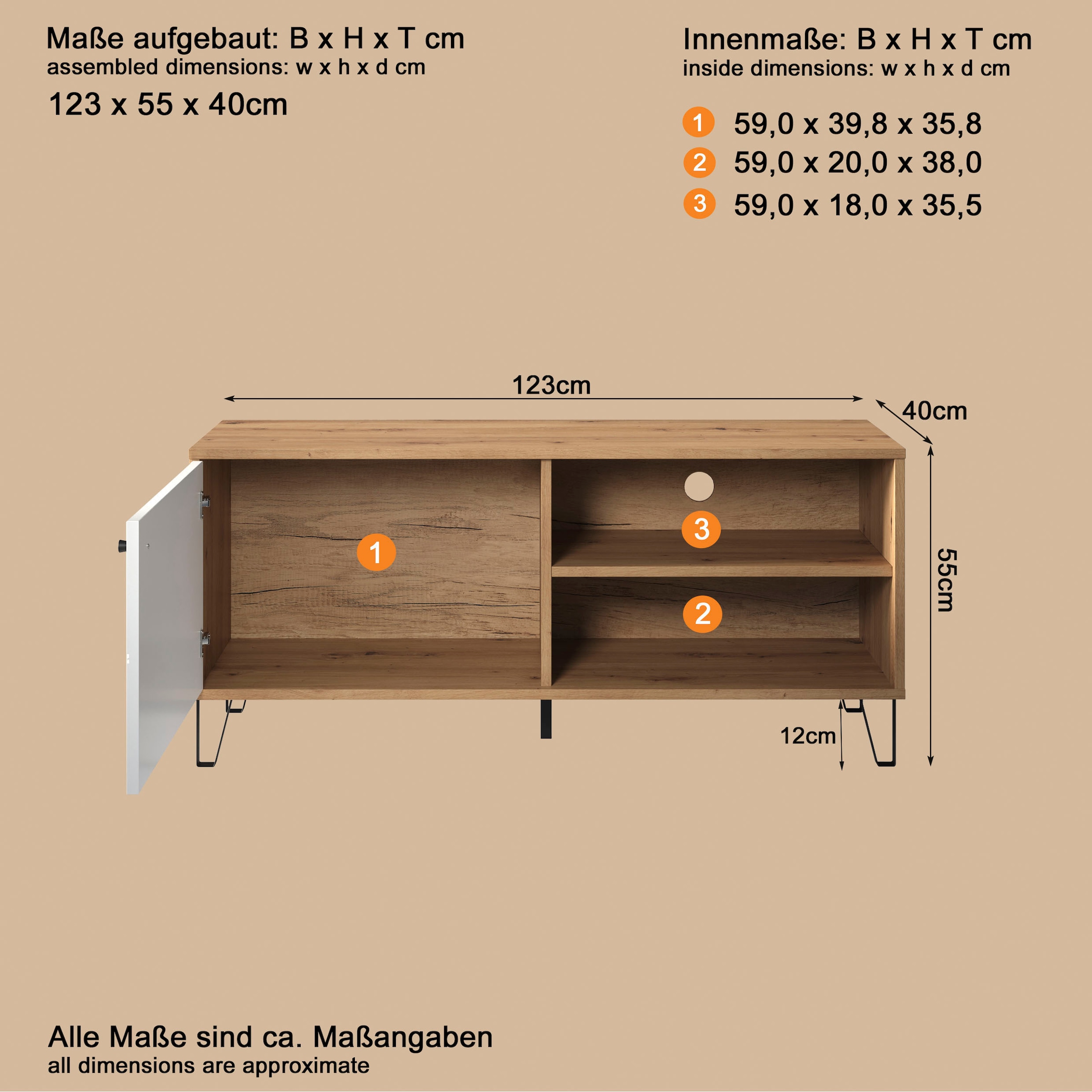 Home affaire Lowboard »Tarragona TV-Kommode« TV-Unterteil mit 1 Tür & 2 Fächern - (B/T/H) 123/40/56 cm