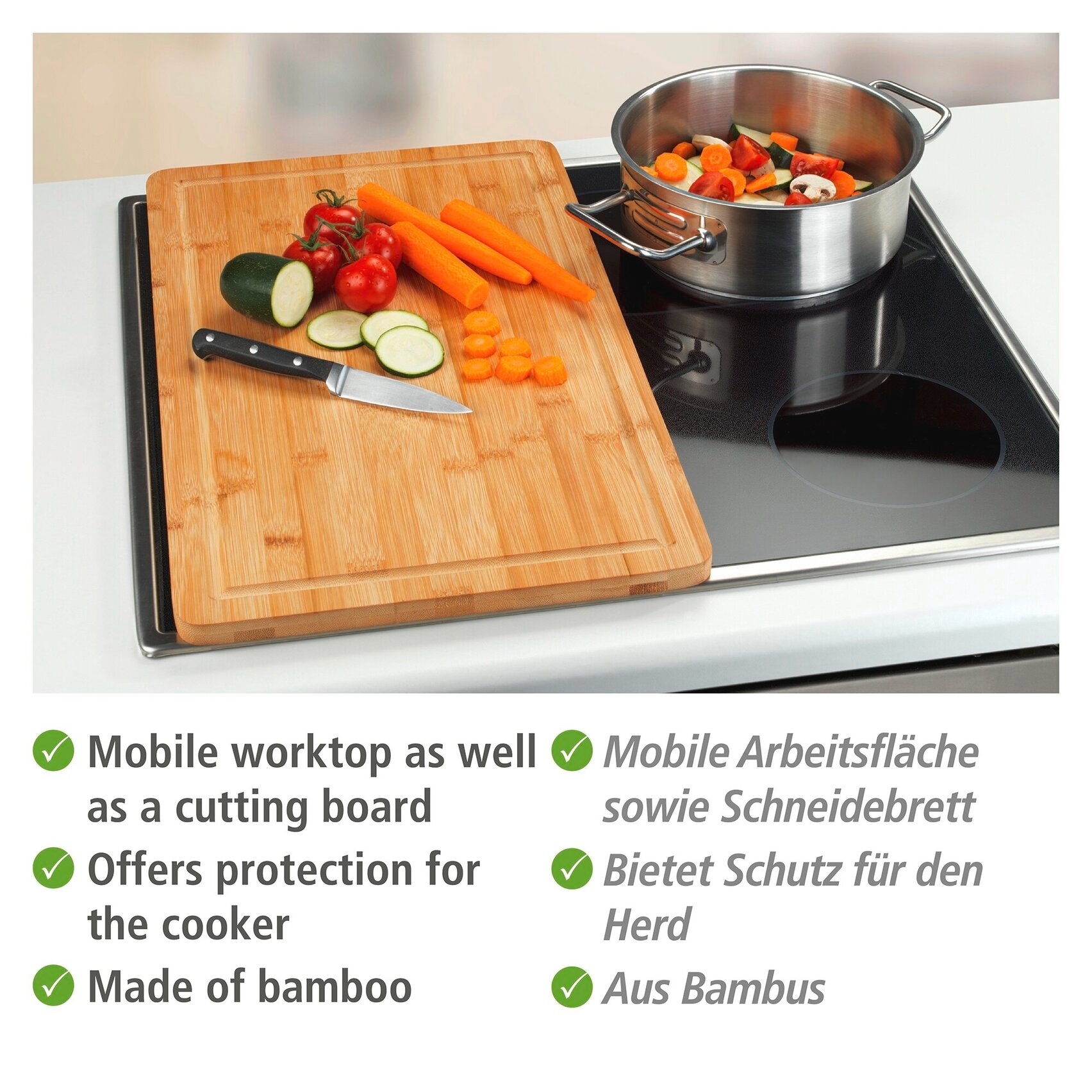 WENKO Plaque de recouvrement de la cuisinière »Modell Bambus« Plan de travail de cuisine avec rigole à jus pour plaques vitrocéramiques, pieds antidérapants