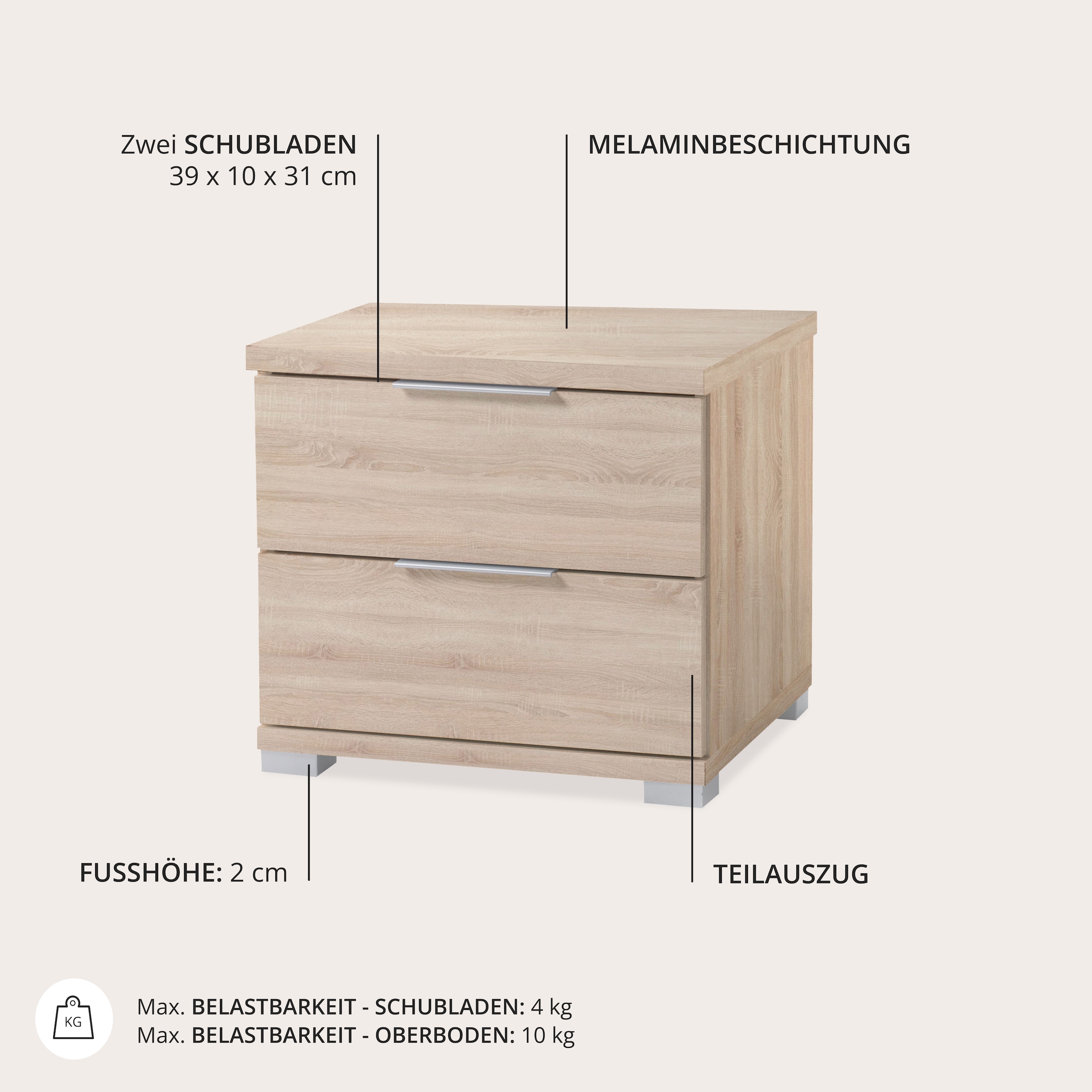 Schlafkontor Nachtkommode »Smilla Nachttisch, Nachtkonsole mit Schubkästen« Korpus melaminbeschichtet, silberfarbige oder schwarze Griffe