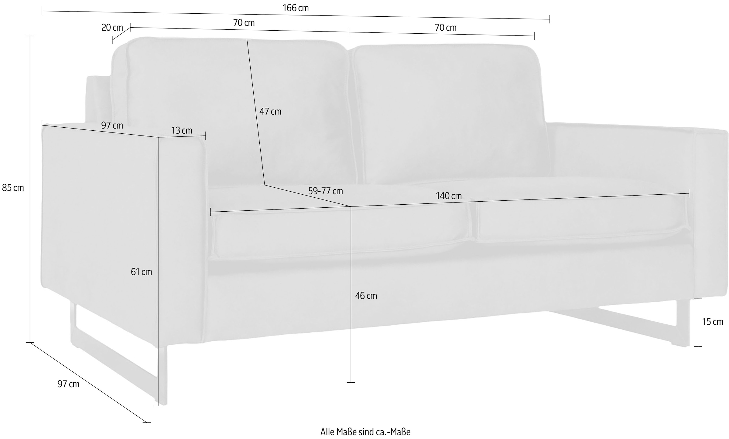 GOODproduct 2-places »Pinto, 166 cm, Cord, Chenille, Lederoptik« avec jonc, pieds métalliques noirs, suspension à ressorts ondulés