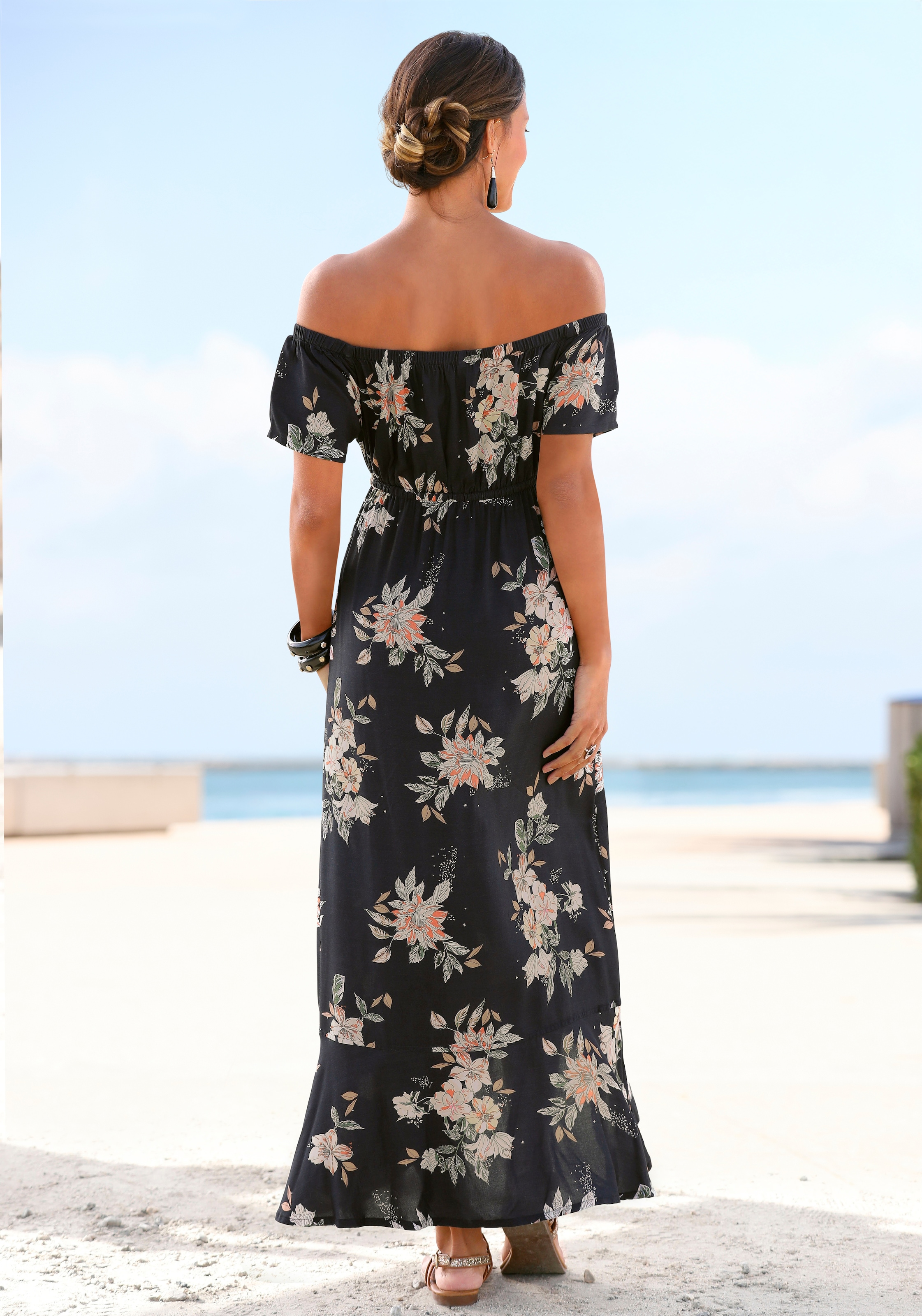 LASCANA Maxi robe »im angesagten Vokuhila-Schnitt und Carmenausschnitt« Sans poches elegantes Sommerkleid aus Webware, leichtes Boho-Kleid, Festival