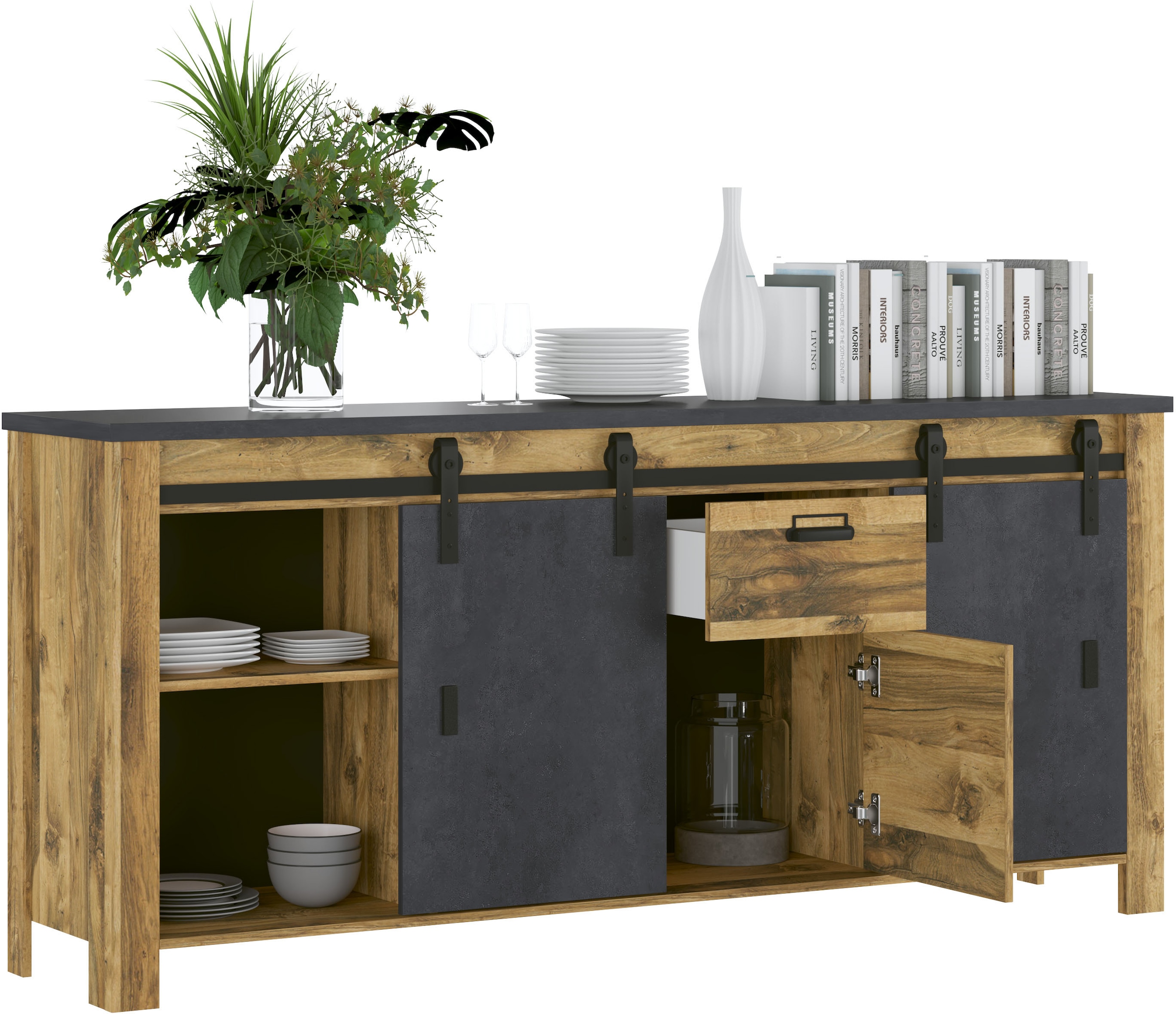 Home affaire Sideboard »York, moderner Schrank, Kommode in Hunton Oak Dekor, Industrialdesign« mit Scheunentorbeschlägen & Apothekergriffen aus Metall, 201 cm breit