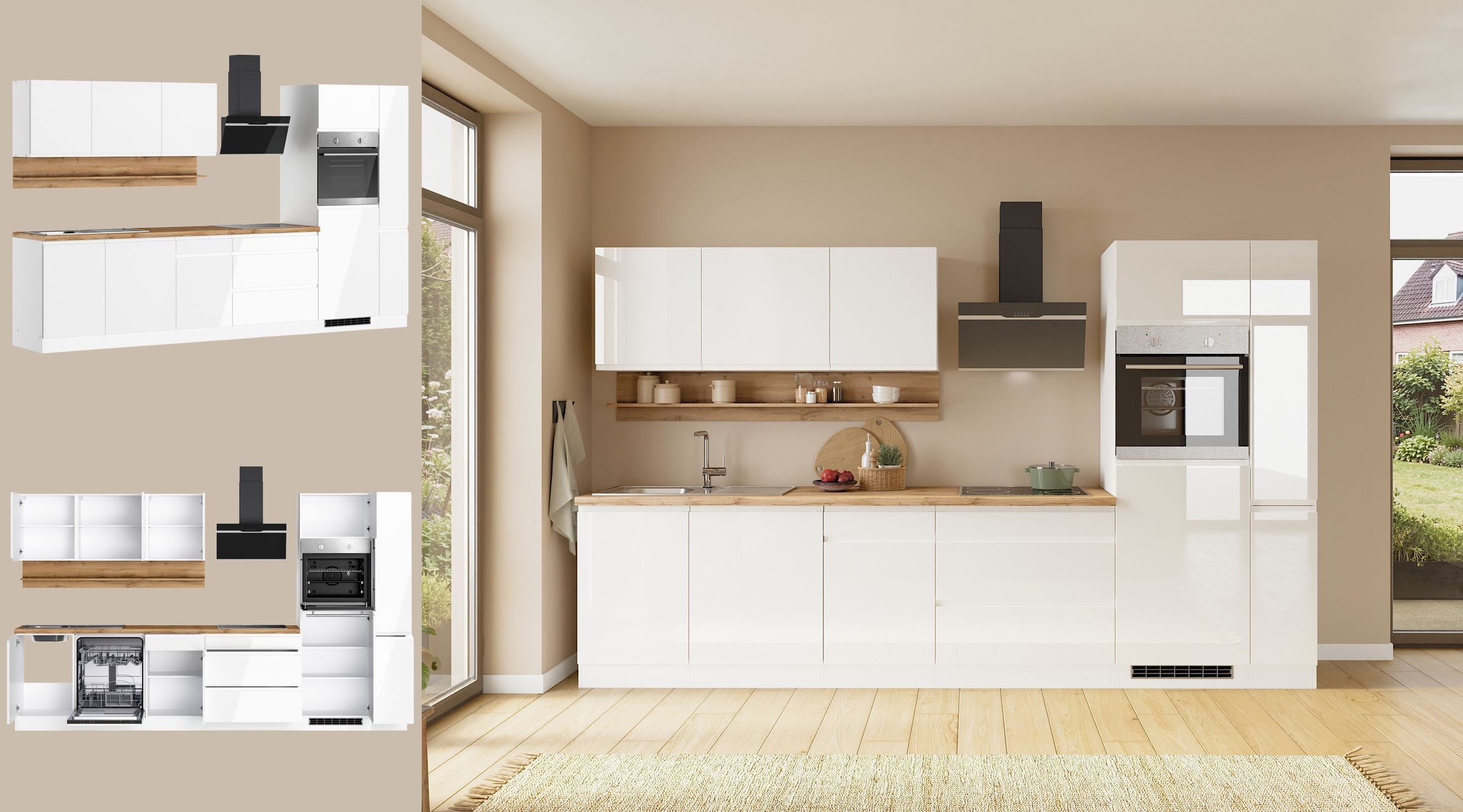 KOCHSTATION Kitchenette »KS-Virginia,neu in verbesserter Ausführung« plan de travail épaisseur 38 mm, rangement, fermeture douce,  largeur 330 cm, Soft-Close, sans appareils électriques