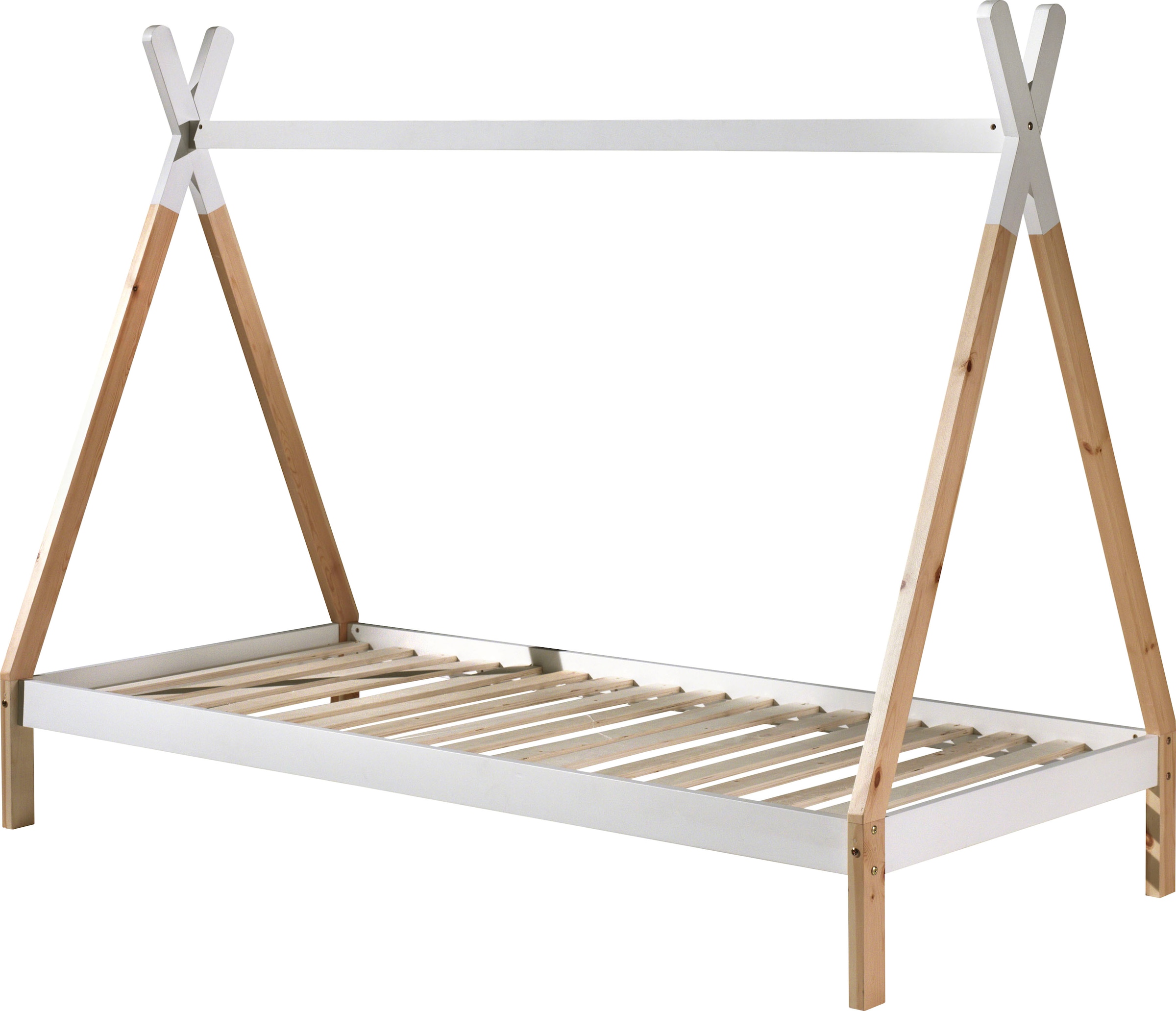 Vipack Lit d'enfant »TIPI, Kiefer massiv, 2-farbig lackiert, mit Rolllattenrost« L/H/P env. 206x158,2x98 cm, barre transversale décorative possible,  90/200, avec ou sans tiroir au choix