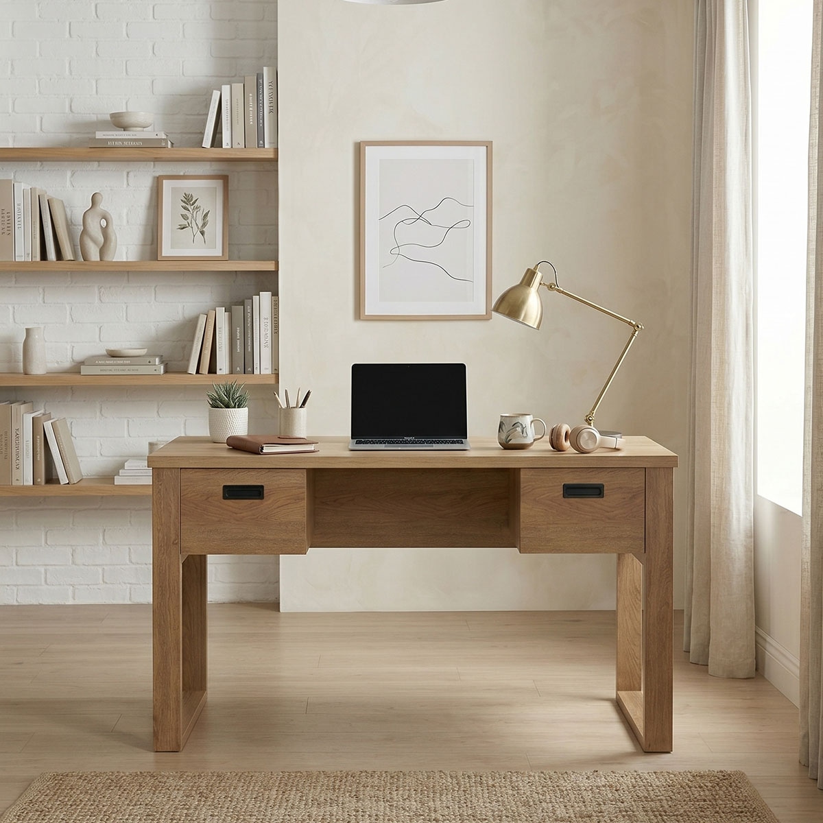Jahnke Bureau »RIVA D 140« Bureau, espace de rangement, 2 portes, poignées en métal, aspect chêne, largeur : 140 cm