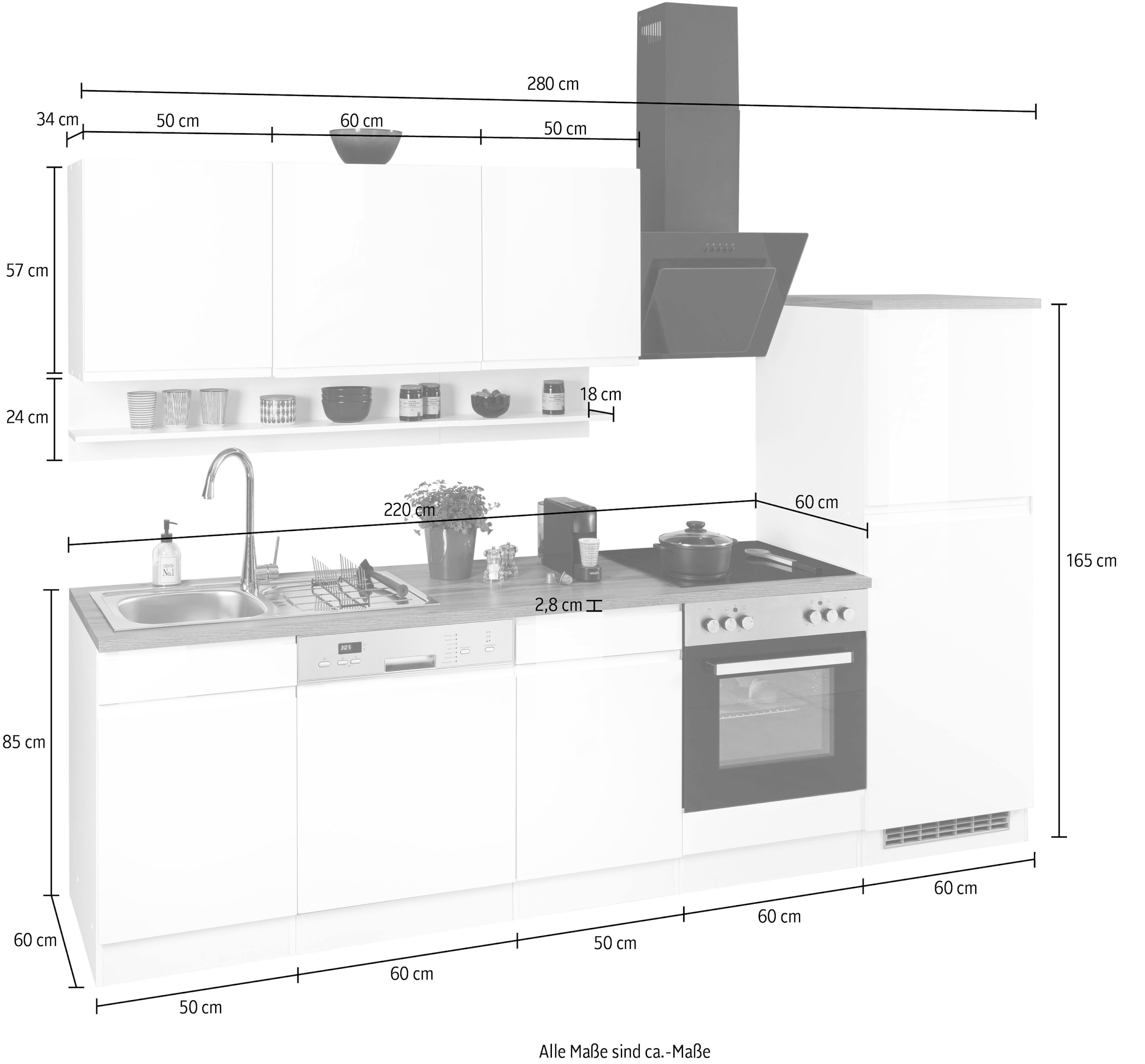 KOCHSTATION Kitchenette »KS-Virginia,neu in verbesserter Ausführung« plan de travail épaisseur 38 mm, rangement, fermeture douce,  Largeur 280 cm, fermeture douce, avec ou sans appareils électriques