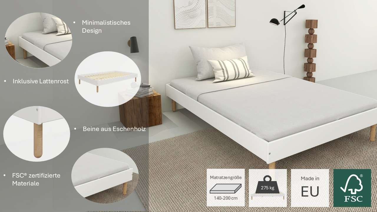 GOODproduct Bett »Dagmar, Bettgestell, Futonbett, Füsse aus Massivholz« 140cm Liegefläche,  mit festen Latten aus massiver Kiefer, belastbar mit 200KG