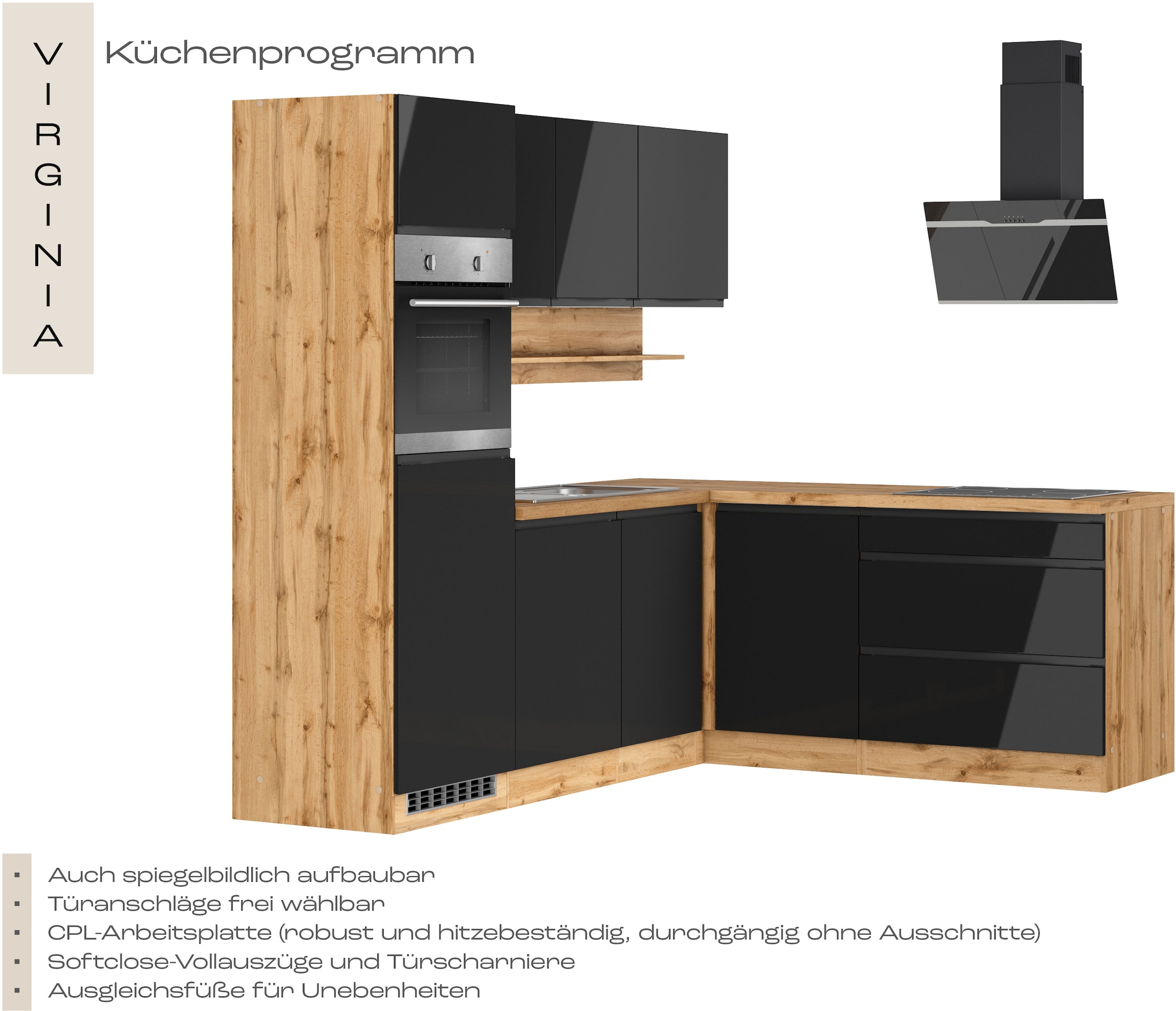 KOCHSTATION Cuisine d'angle »KS-Virginia,neu in verbesserter Ausführung« plan de travail épaisseur 38 mm, rangement, fermeture douce,  largeur réglable 230/190 cm, fermeture douce, avec appareils électriques en option