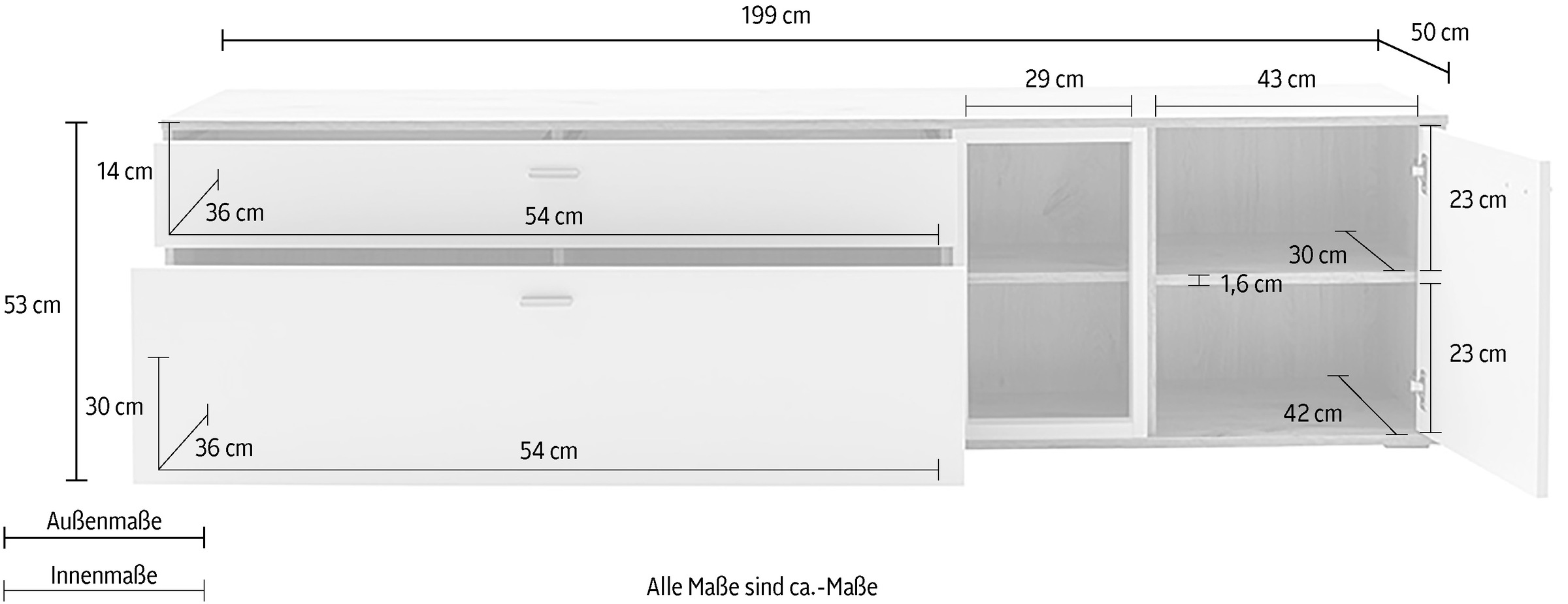 MCA furniture Lowboard »SANTERNO« mit 1 Tür, 2 Schubkästen, offene Fächer, Fernseher bis 80 Zoll