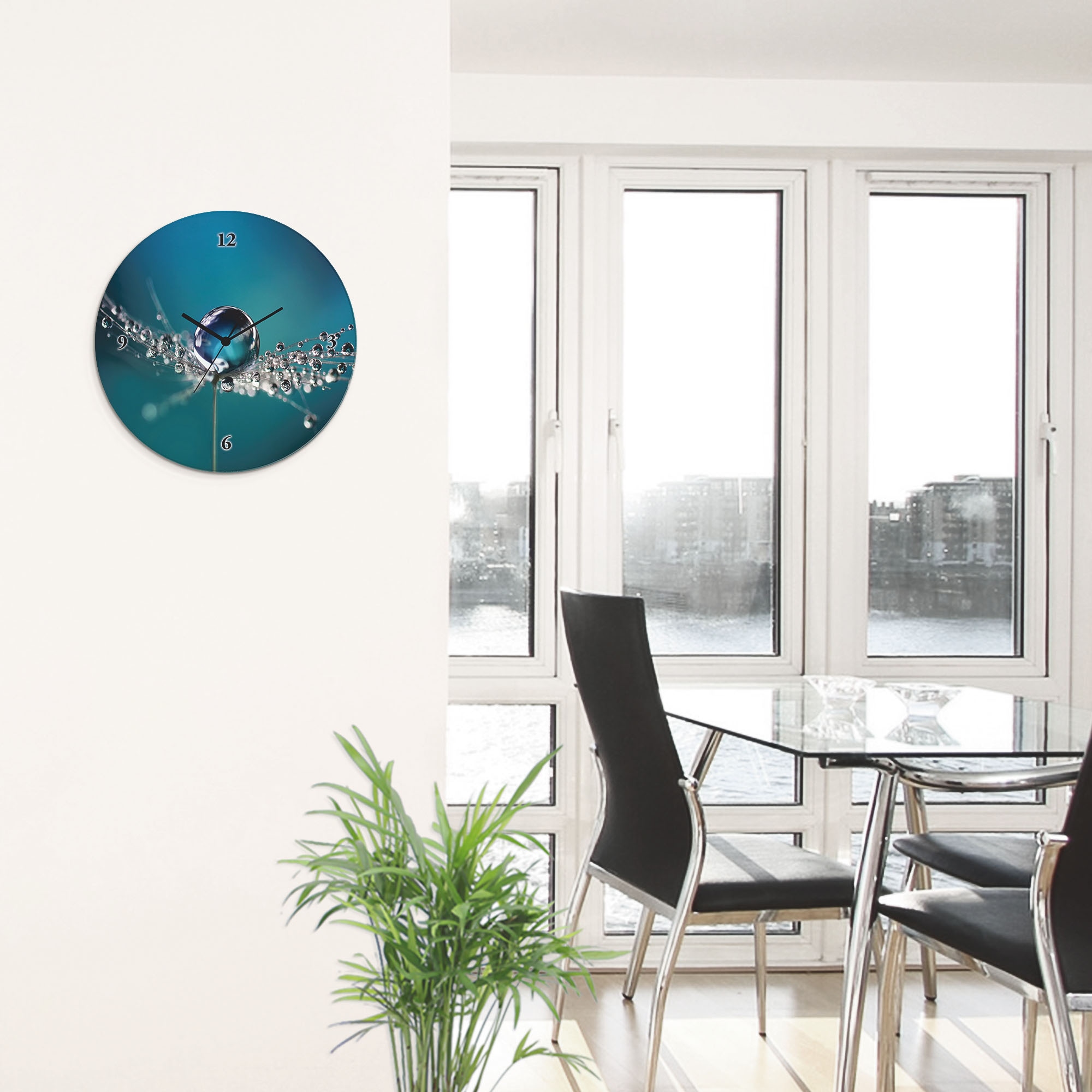 Artland Wanduhr »Glasuhr rund Pusteblume Tautropfen blau« wahlweise mit  Quarz- oder Funkuhrwerk, lautlos ohne Tickgeräusche