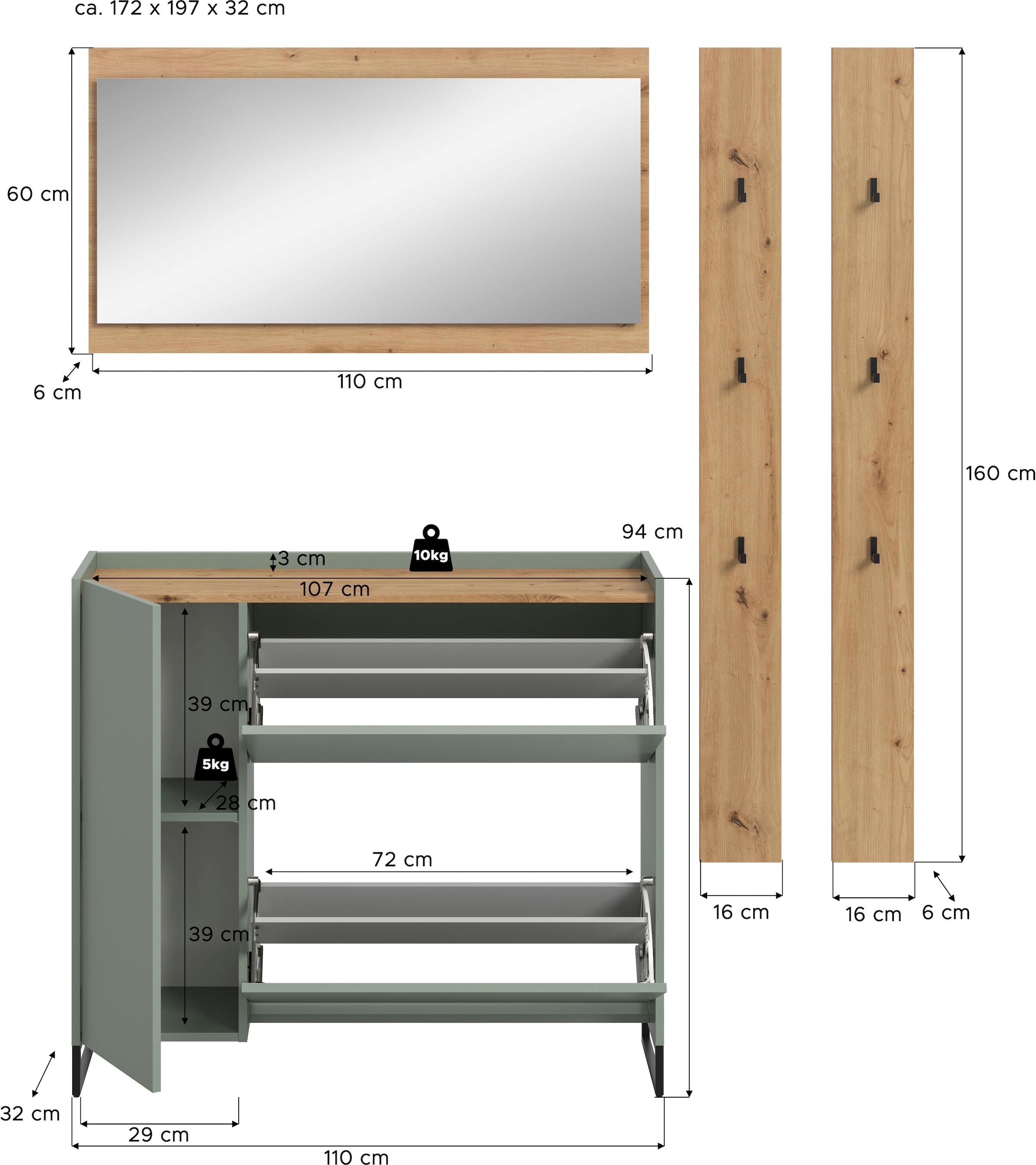 Home affaire Garderoben-Set »EVRID, 4-teilig, Breite 172 cm, individuell stellbar & erweiterbar« best. aus: Kommode, Spiegel & 2x Hakenleiste, 4 Stk. tlg.