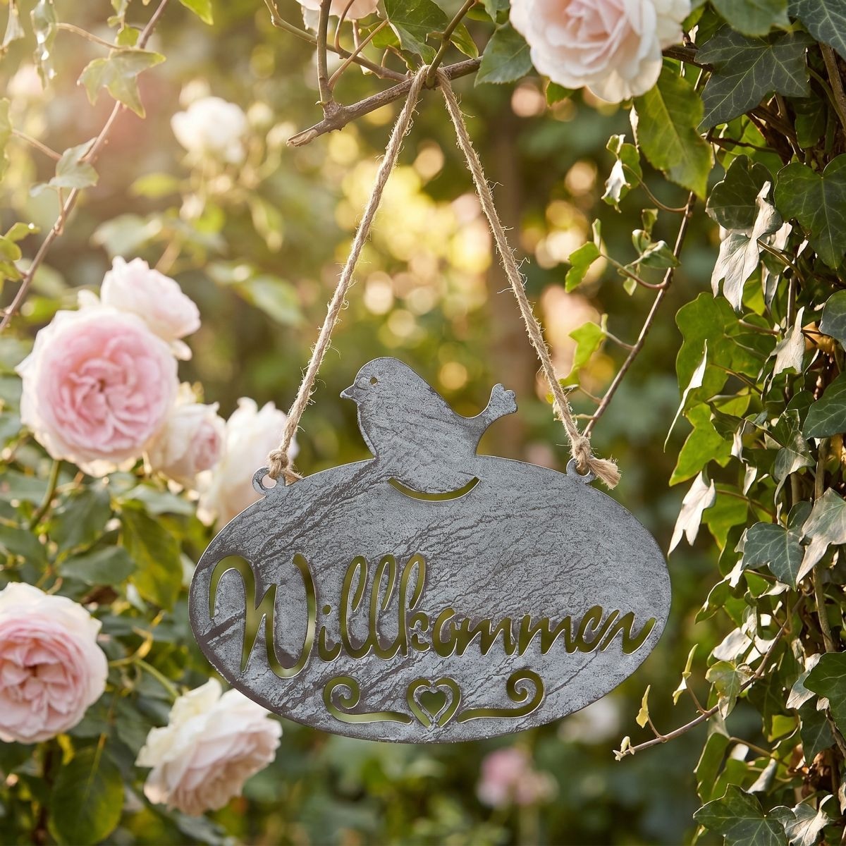 Ambiente Haus Fiches de jardin »Willkommen Schild mit Vogel (B) 20cm« à suspendre avec corde pour intérieur et extérieur