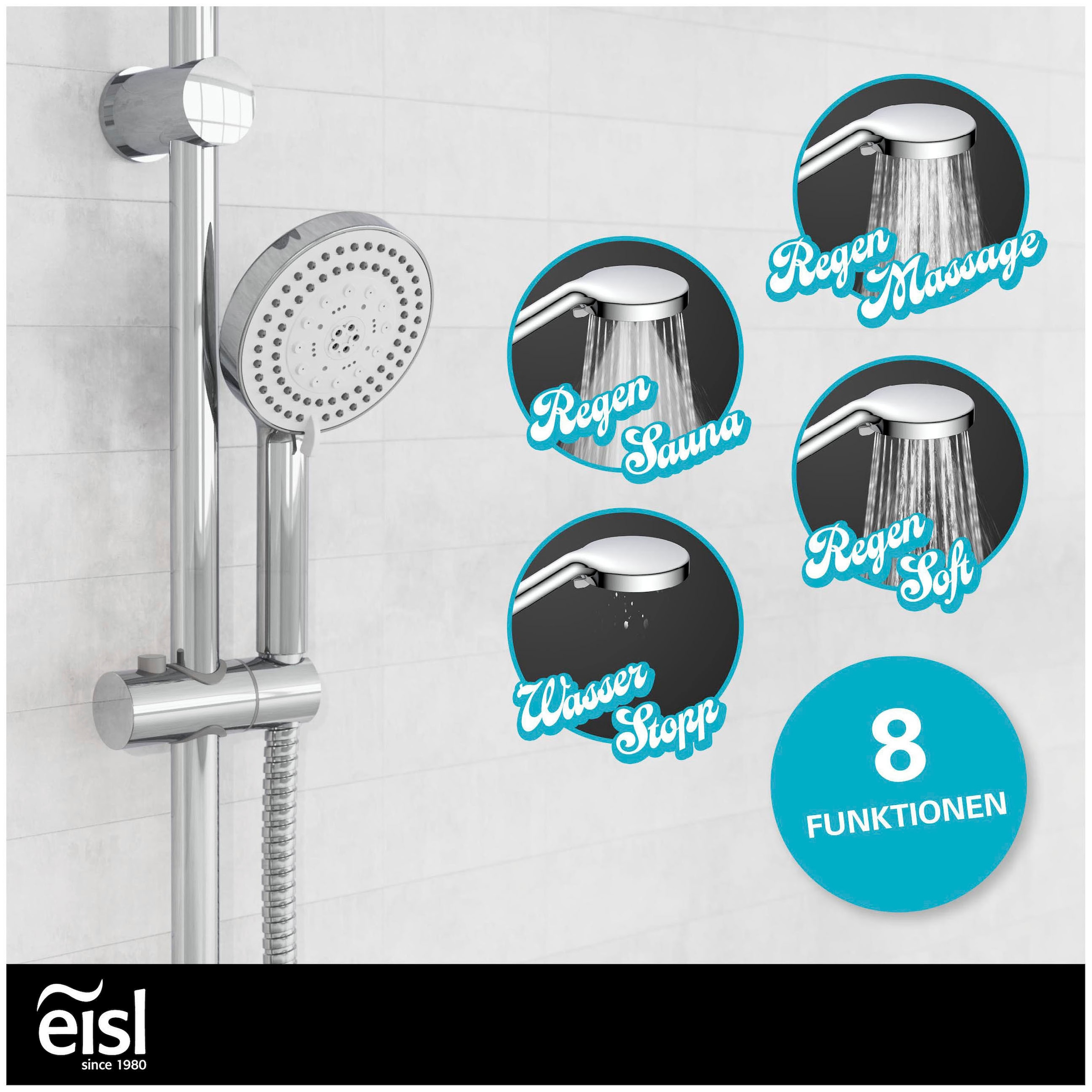 Eisl Stangenbrause-Set Duschkopf mit Schlauch und Halterung, Handbrause mit 8 Funktionen