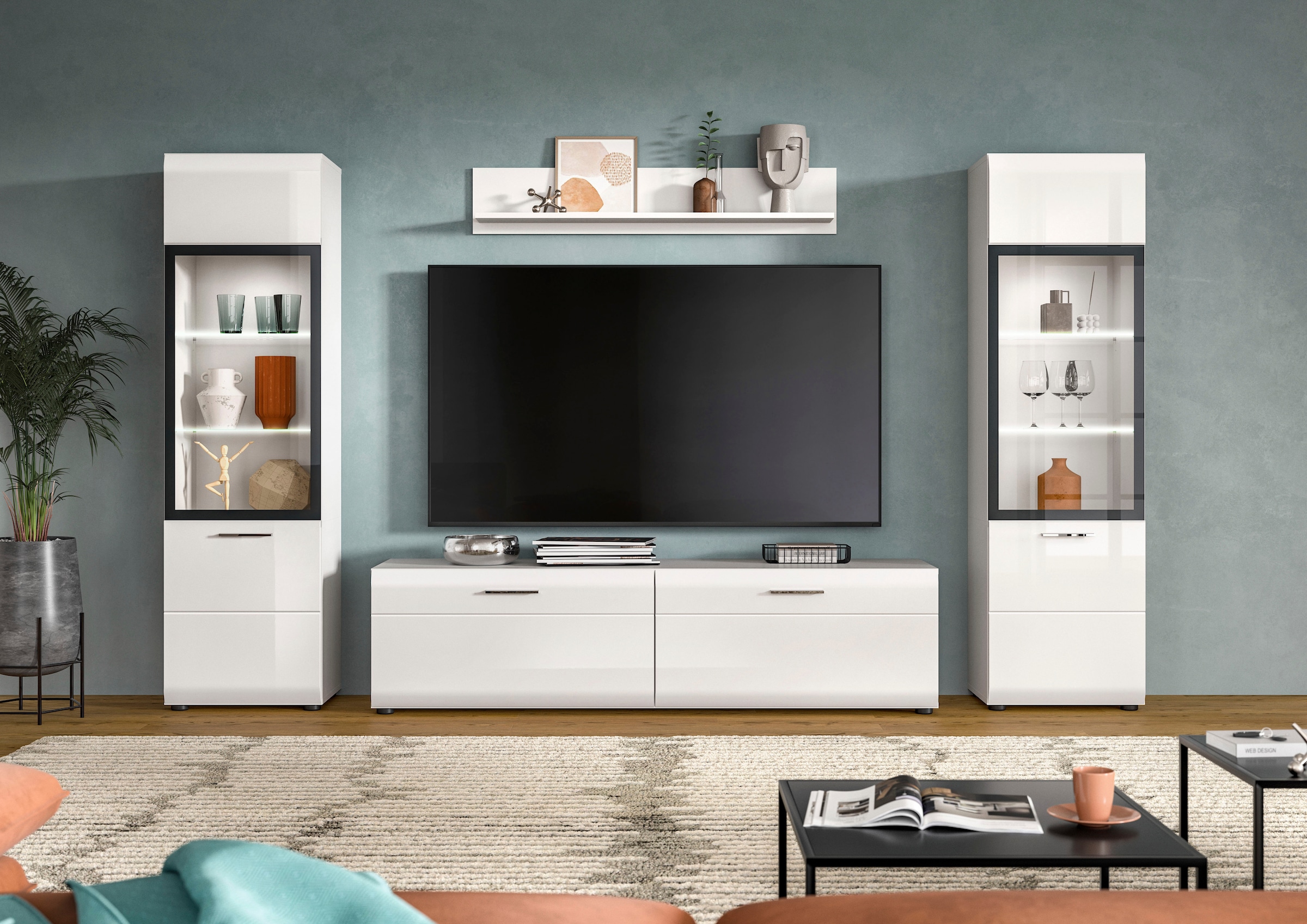 Home affaire Meuble mural »FLORENZ, 4-teilige Wohn-Kombination, hochwertige MDF-Front« Set, Set, best. aus: 2 Vitrinen, 1 Lowboard, 1 Wandboard, 4 cuis tlg.