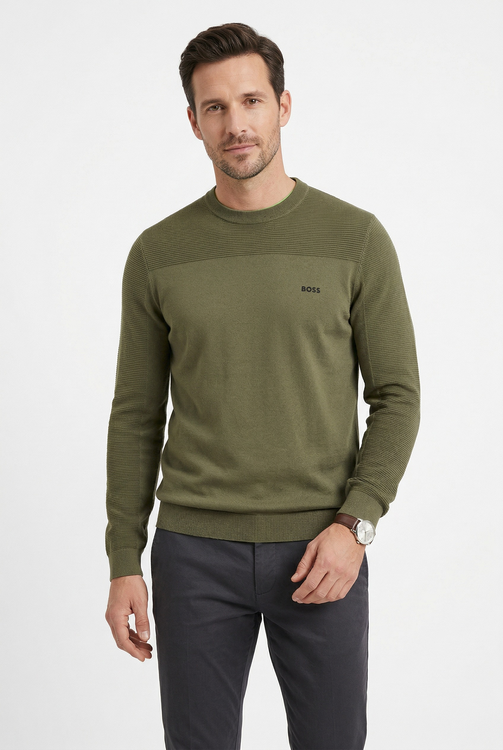 BOSS GREEN Strickpullover »KN Momentum-X CN« Rundhalsausschnitt, Regular Fit, kontrast HD-Logo
