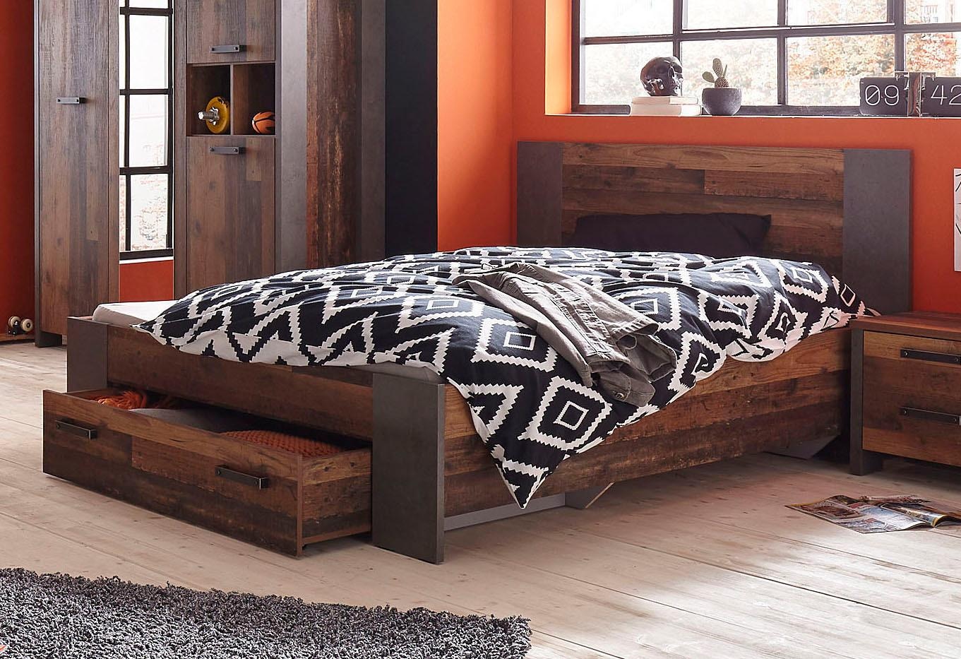 FORTE Lit »Clif, Jugendbett, Belastbarkeit 120 KG, Schubkasten optional« Surface de couchage 140x200 cm,  Design industriel
