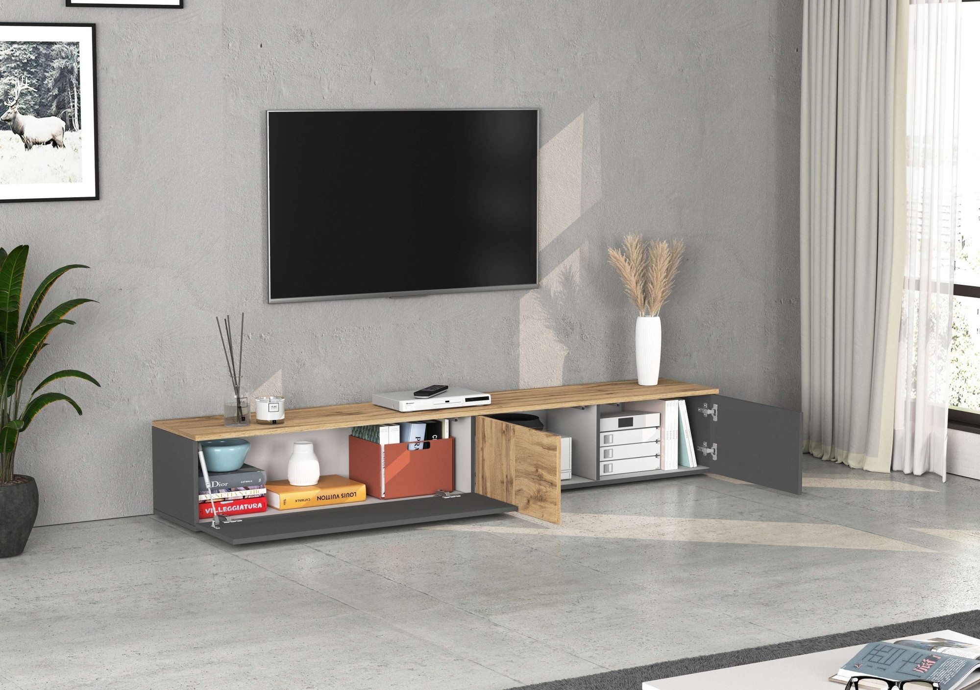 GOODproduct Table basse »ISEO, TV-Kommode,TV-Möbel,TV-Bank, 3 Fächer, Breite 210 cm« 1 cuis tlg. stehend/hängend, 1 Klappe, 2 Türen, 3 Fächer, Breite 210 cm