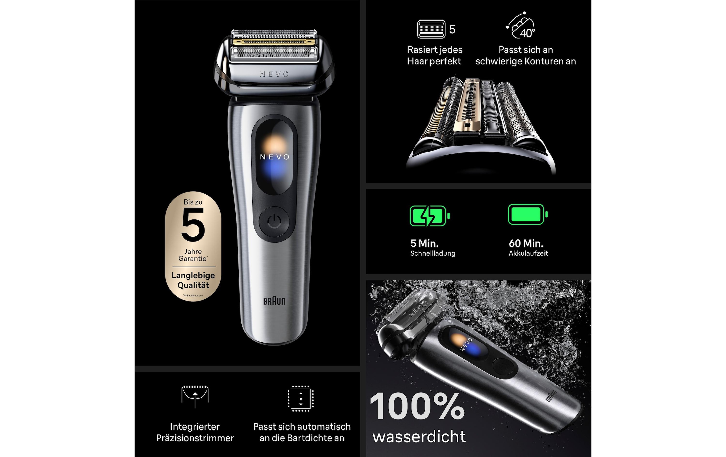 Braun »NEVO 11000cc« station de nettoyage SmartClean Plus Tondeuse de précision intégrée AeroTouch, écran intelligent, système de soin 7-en-1, étui de voyage, argent