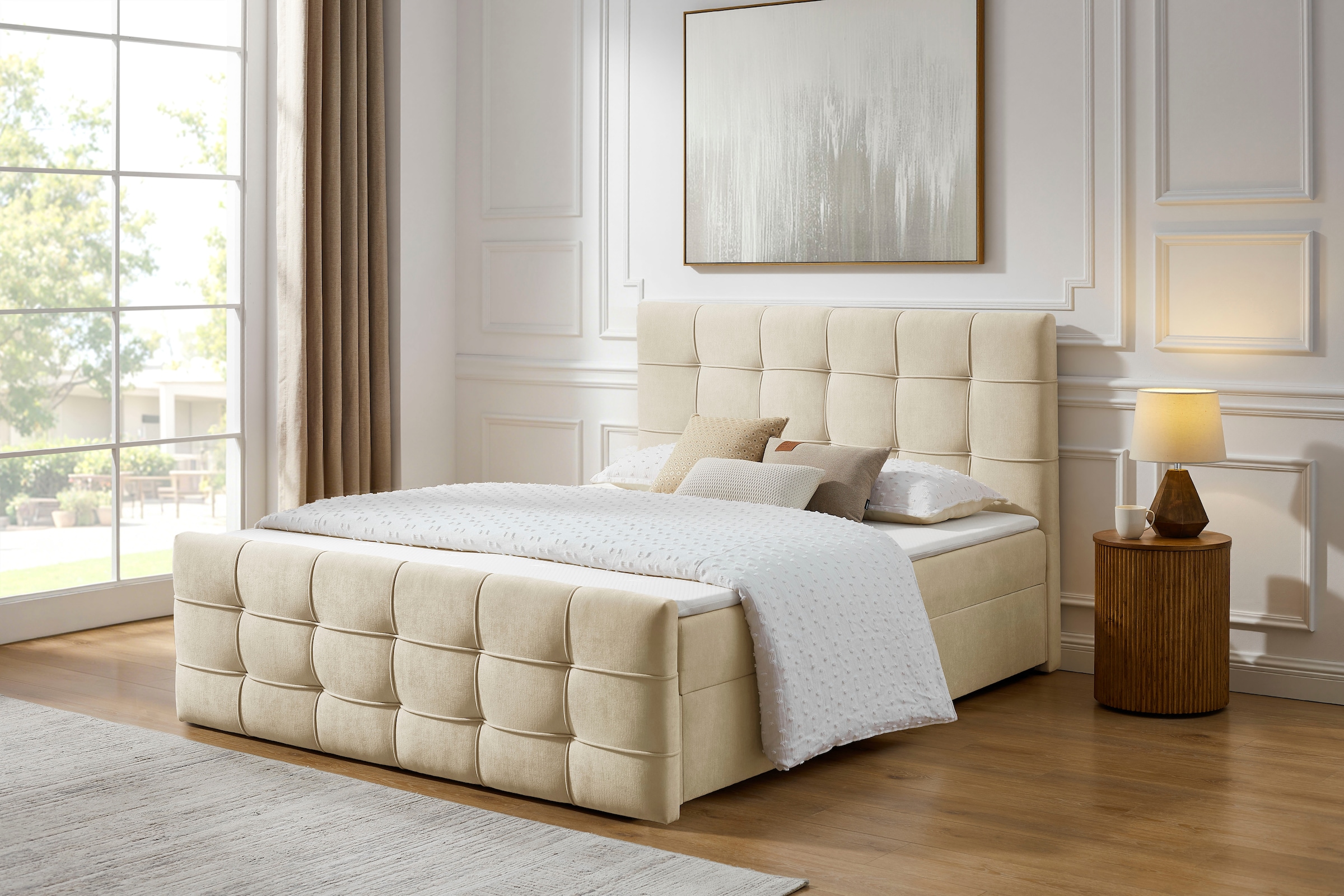 GOODproduct Lit de boxe »LILIENNE, Polsterbett mit Bettkasten und Taschenfederkernmatratze H3« avec surmatelas en mousse froide, revêtement en chenille, 160x200 & 180x200 cm