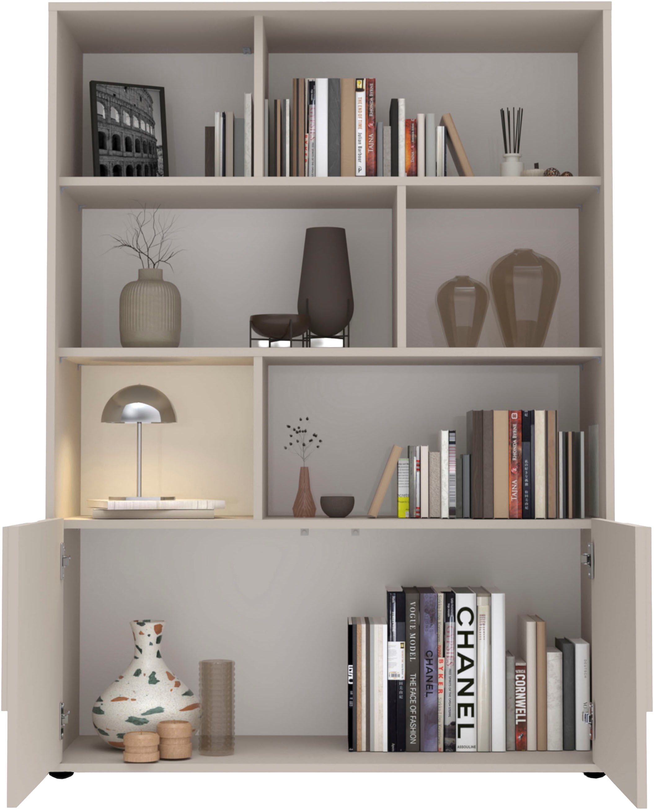 INOSIGN Highboard »Stone, H 155/141, B 105 cm, 2 Türen, 6 offene Fächer, Regal-Schrank« 3D-Design, Push-to-open, Stauraum dekorativ & praktisch, Füsse wählbar