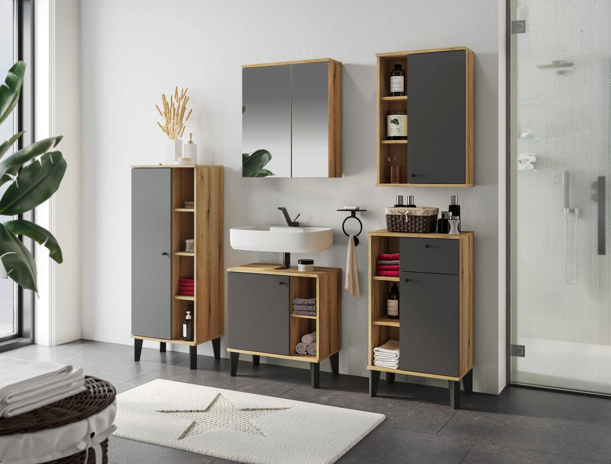 INOSIGN Badmöbel-Set »OSLO, Bad im skandinavischen Design, 5-teiliges Badezimmer« Set, 5 Stk. tlg.