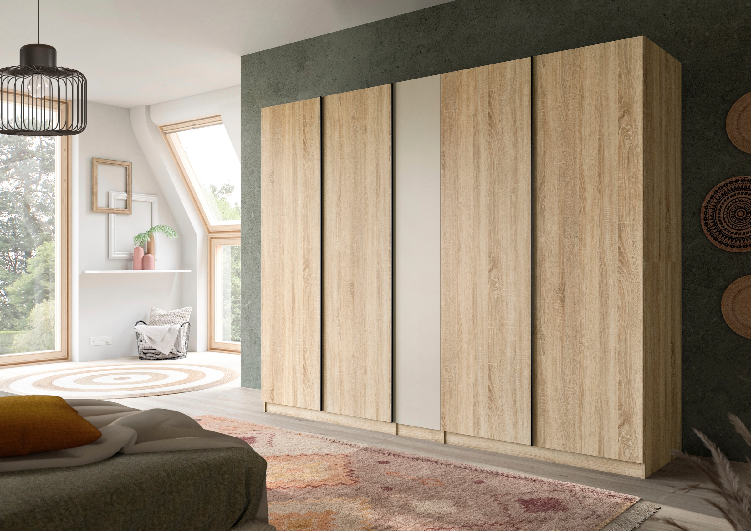 Home affaire Armoires à vêtements »BENDINGO, TOPSELLER!, Schlafzimmerschrank, Schrank, Garderobenschrank« OTTO BESTSELLER, Garderobe & Schlafzimmer,  230cm breit, Eiche NB, 5türig, 2 Kleiderstangen, 6 Böden, 4 Schubladen