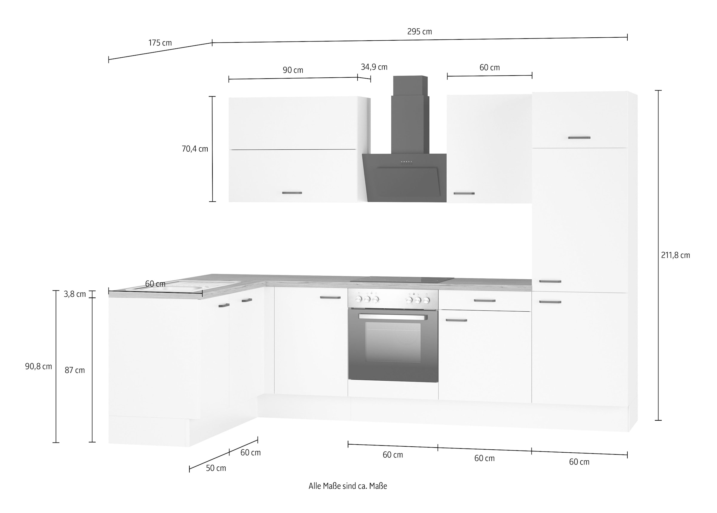 KOCHSTATION Cuisine d'angle »KS-Paula, Stellmasse rechts B/T 295/175 cm, links B/T 175/295 cm« Wahlweise Spüle rechts oder links, mit und ohne E-Geräte