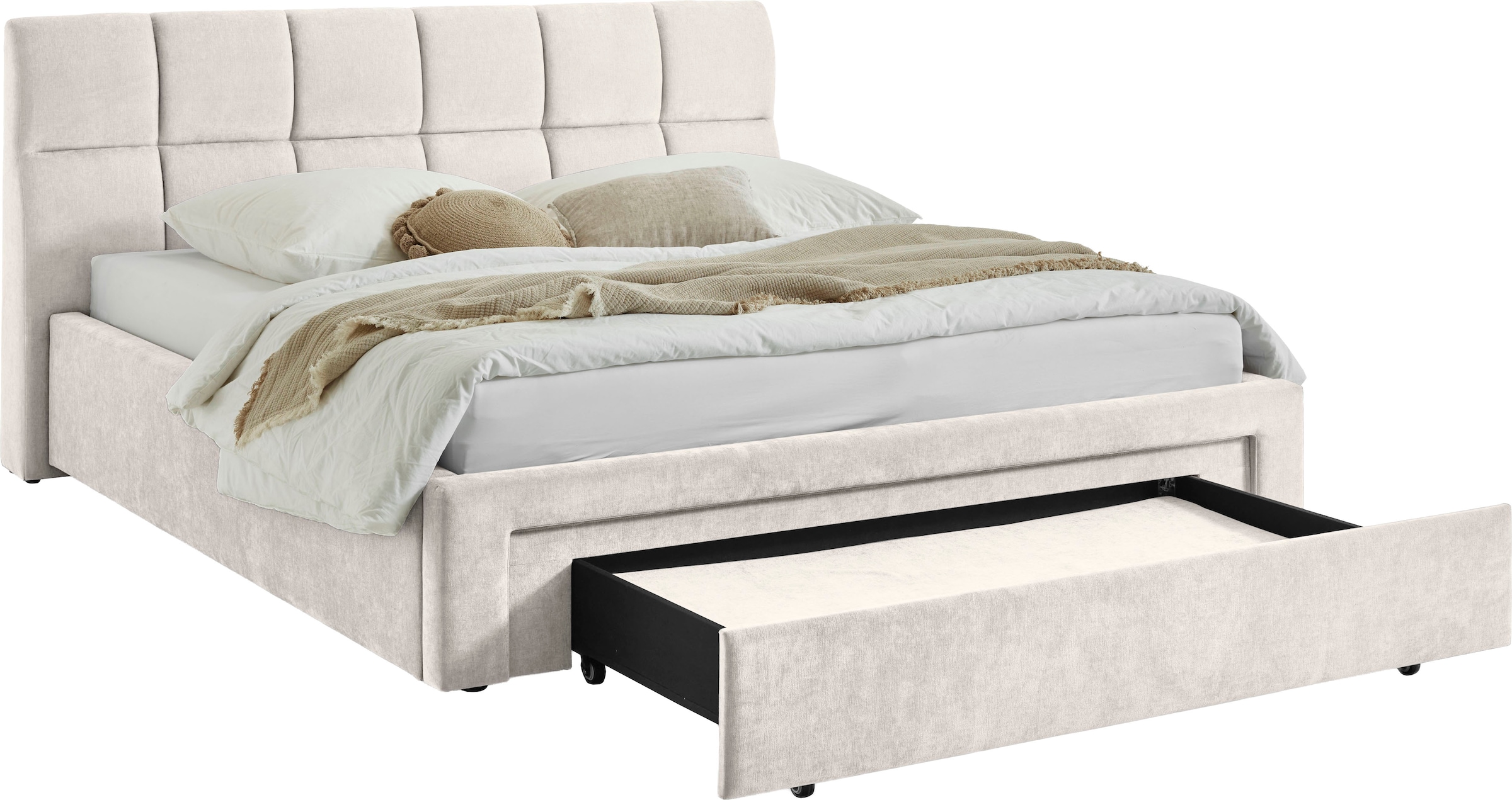 meise.möbel Polsterbett »Canyon, Breite 180cm, erhältlich in grau oder beige« inkl. Schubkasten im Fussteil - ideal als Hundebett nutzbar