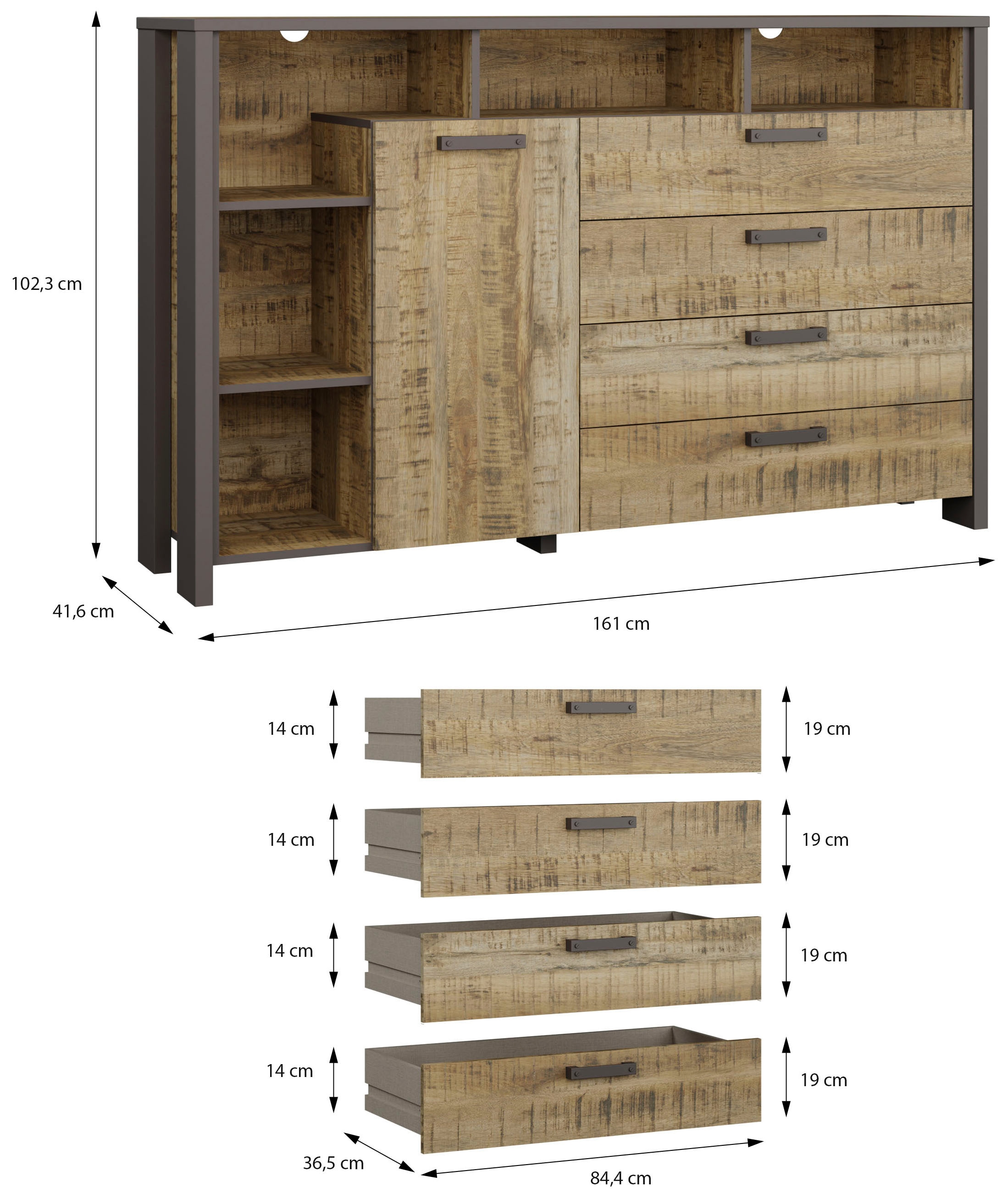 FORTE Sideboard »FORTE CLIF Sideboard mit 1 Tür und  4 Schubladen« B/H/T 161/102,3/41,6 cm, viel Stauraum