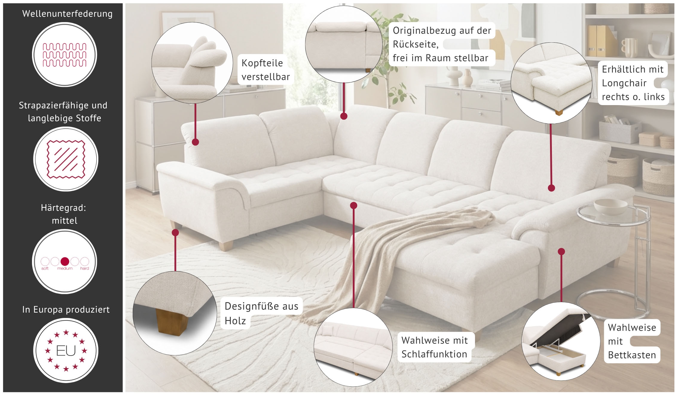 GOODproduct Wohnlandschaft »Egedal 344 x 214 cm, auch mit Schlaffunktion & Bettkasten, Holzfüsse« U-Form, aus pflegeleichtem Lu x us-Microfaser